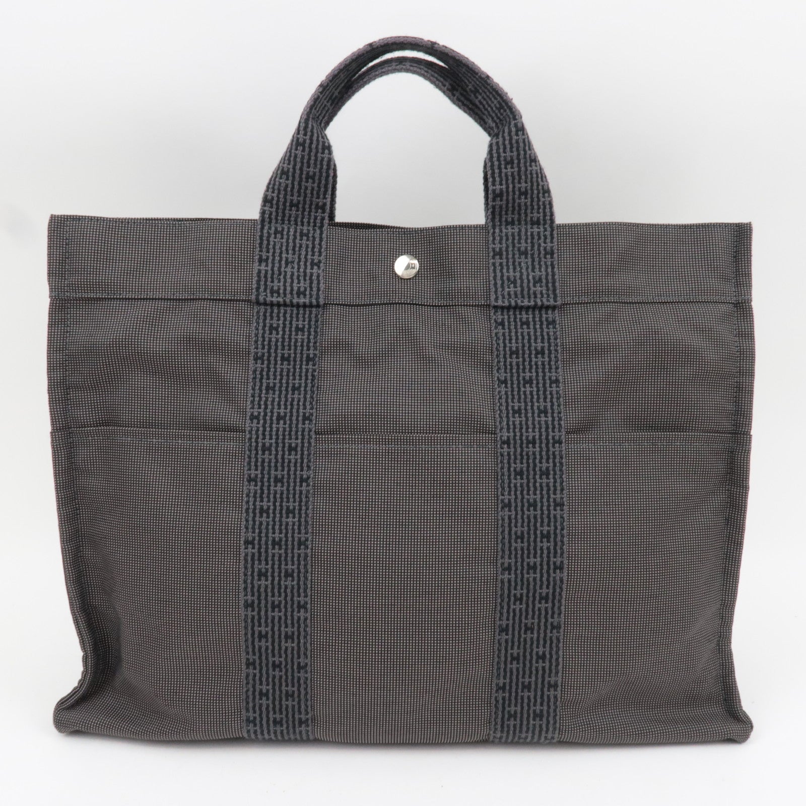 HERMES Her Line MM Tote Bag Nylon Canvas Gray *Lock ※Key missing