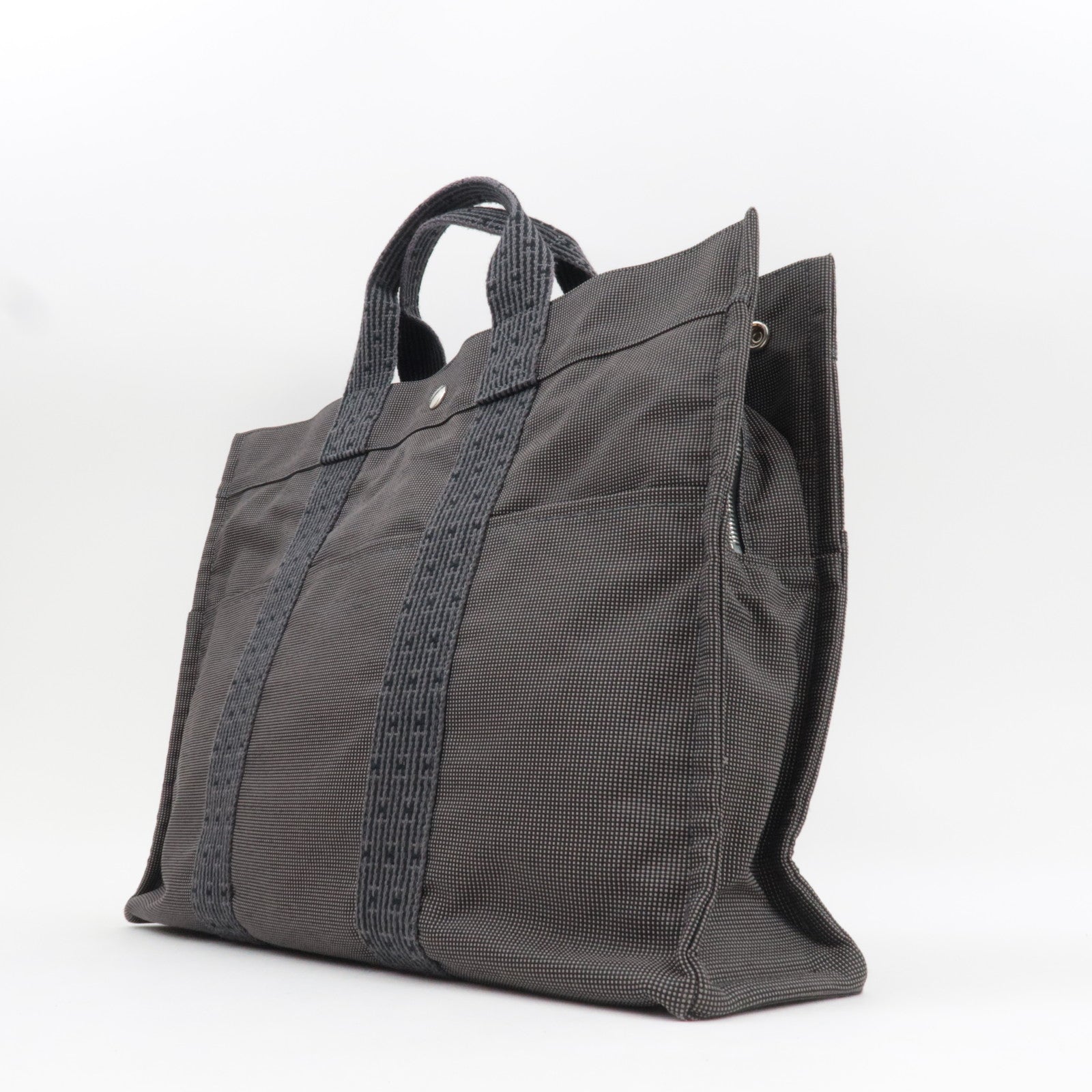 HERMES Her Line MM Tote Bag Nylon Canvas Gray *Lock ※Key missing