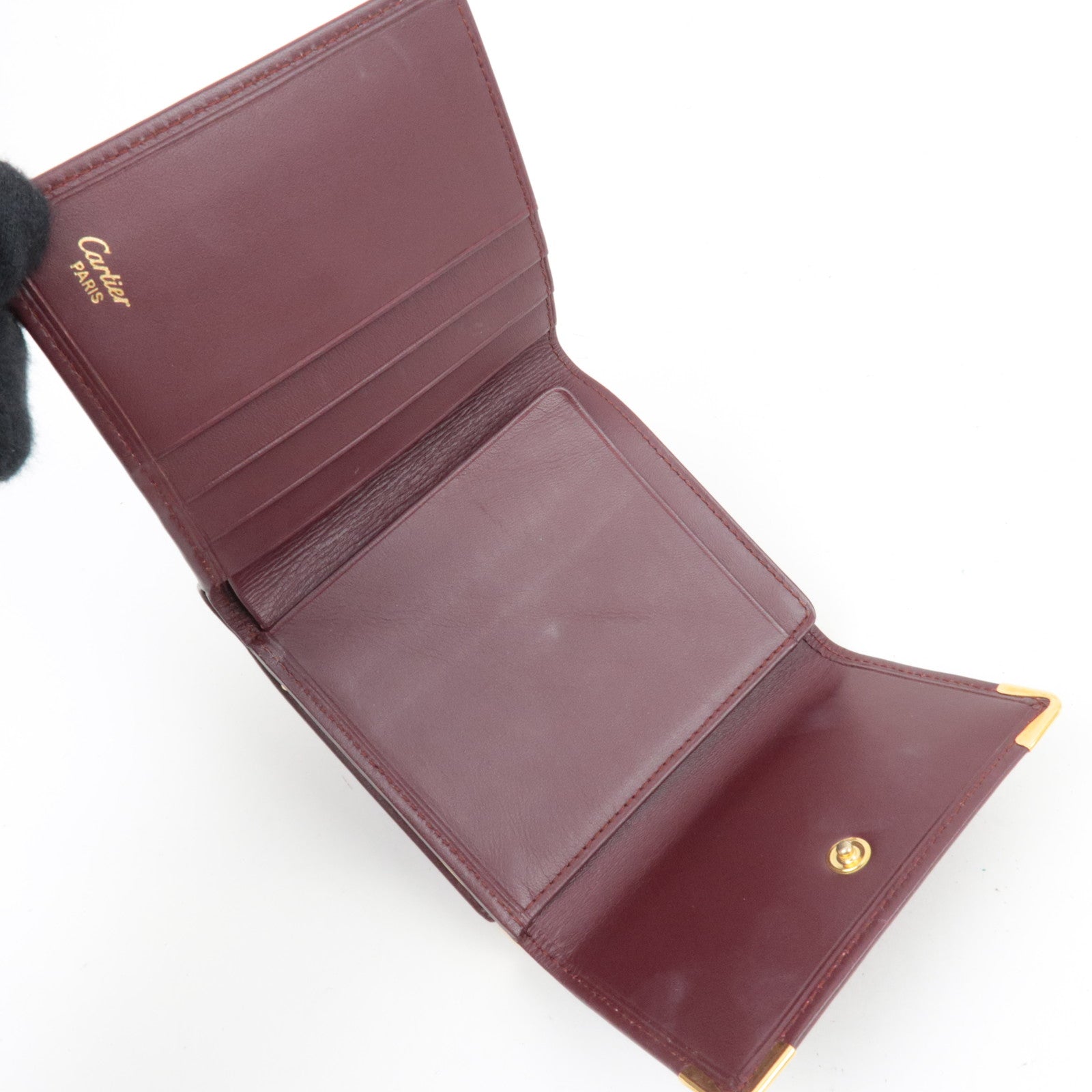 Cartier Must Line Kiss Lock Tri-Fold Wallet Leather Bordeaux *Box