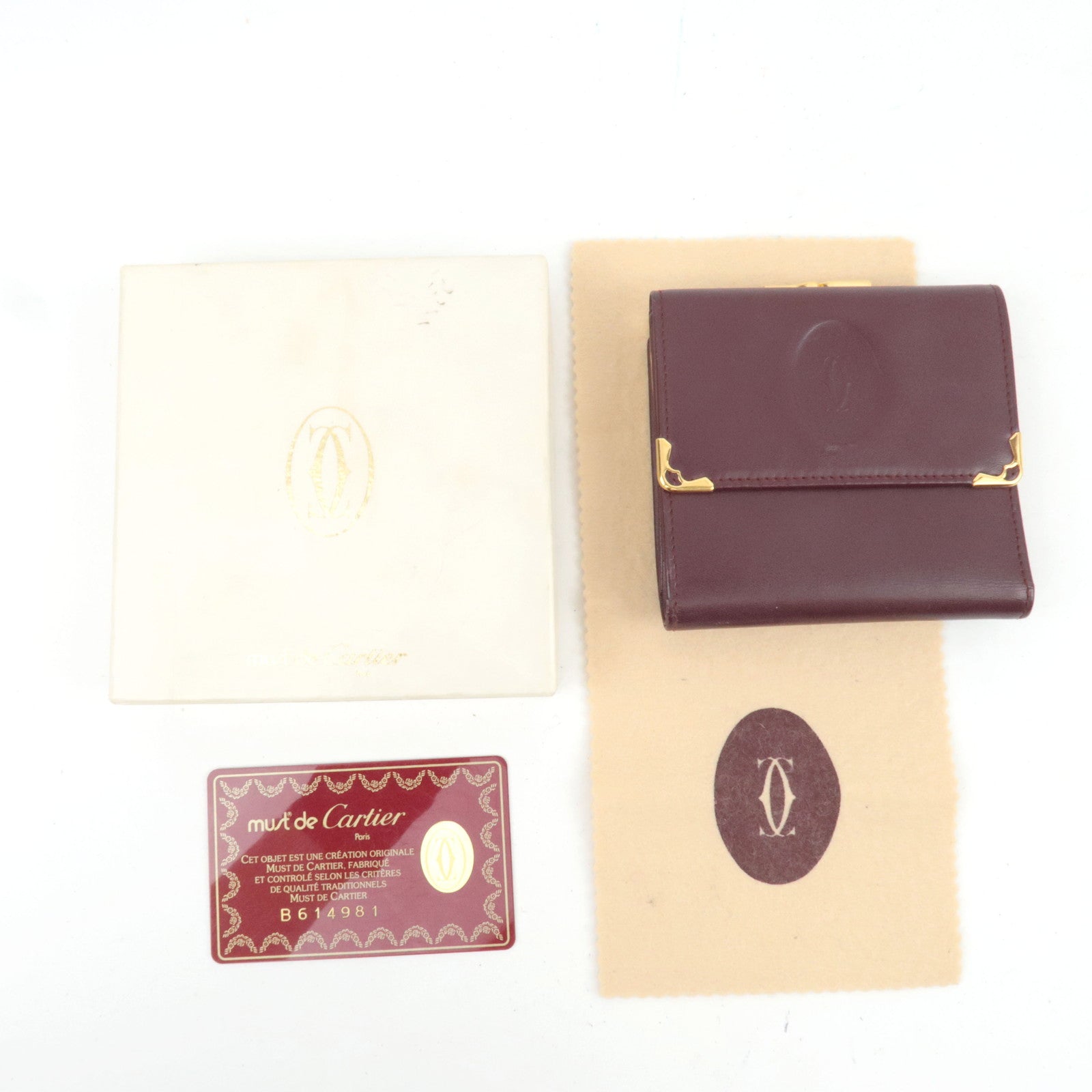 Cartier Must Line Kiss Lock Tri-Fold Wallet Leather Bordeaux *Box