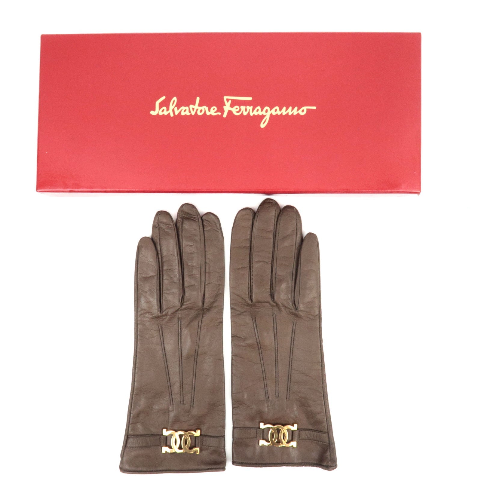 Ferragamo Gancini Gloves Leather Brown *Box