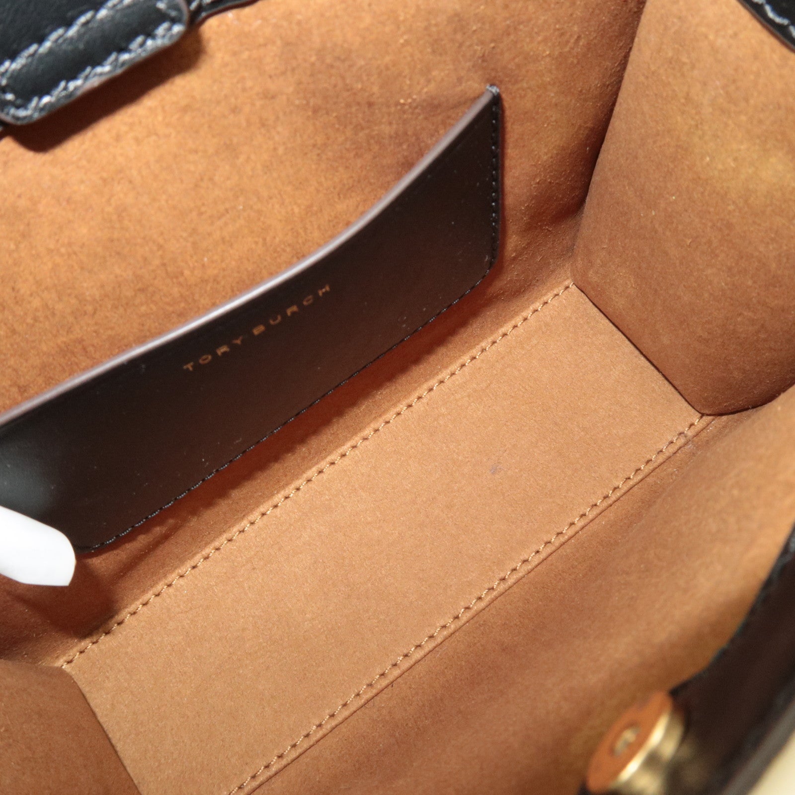 TORY BURCH T Monogram Contrast Embossed Mini Square Leather Tote Bag Black Ivory *Dust bag, Strap