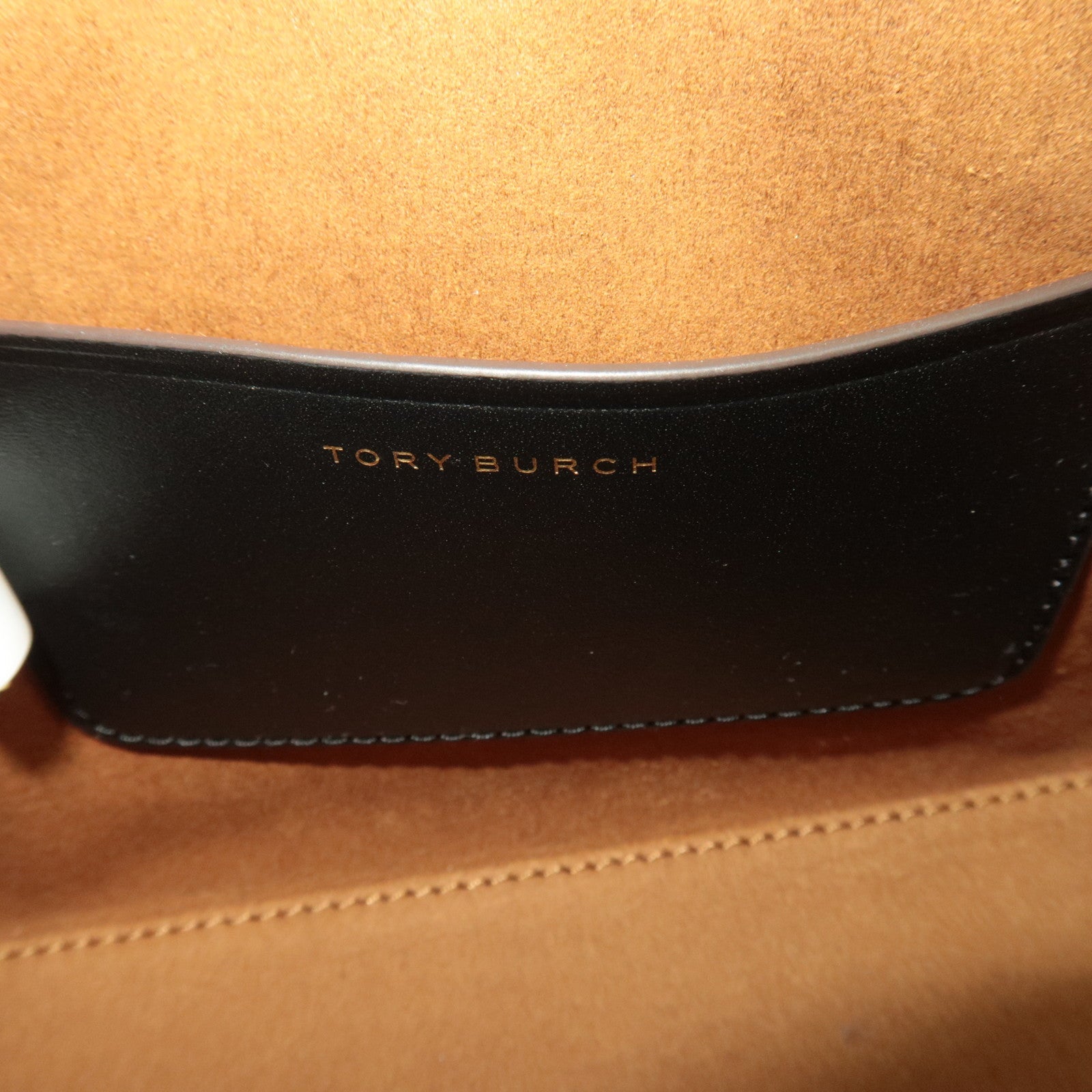 TORY BURCH T Monogram Contrast Embossed Mini Square Leather Tote Bag Black Ivory *Dust bag, Strap