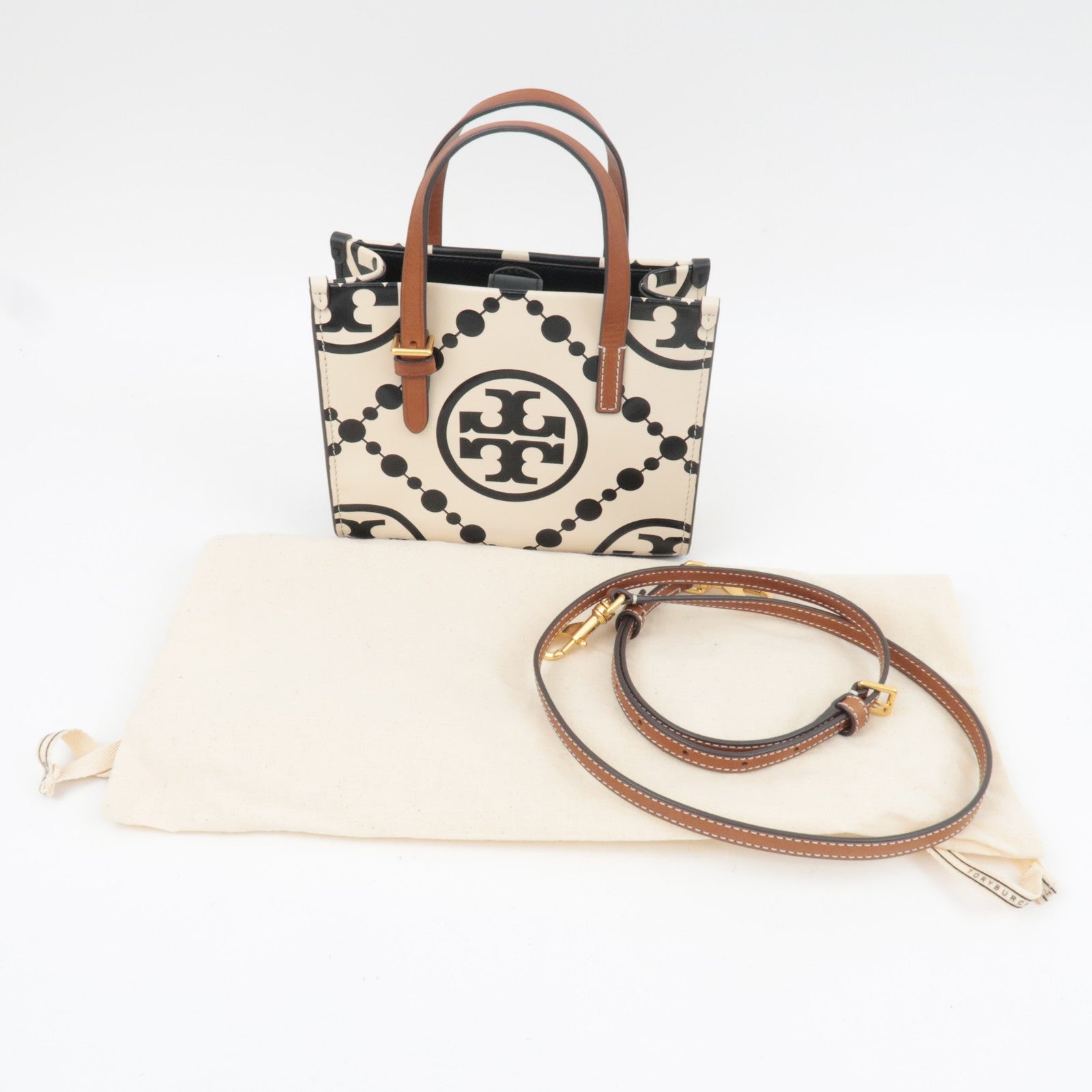 TORY BURCH T Monogram Contrast Embossed Mini Square Leather Tote Bag Black Ivory *Dust bag, Strap