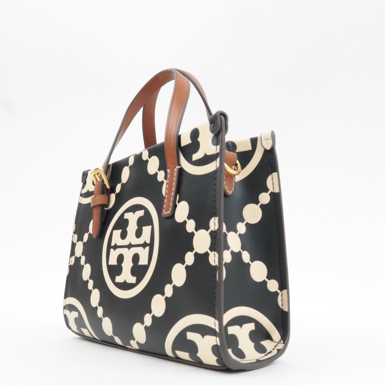 TORY BURCH T Monogram Contrast Embossed Mini Square Leather Tote Bag Black Ivory *Dust bag, Strap