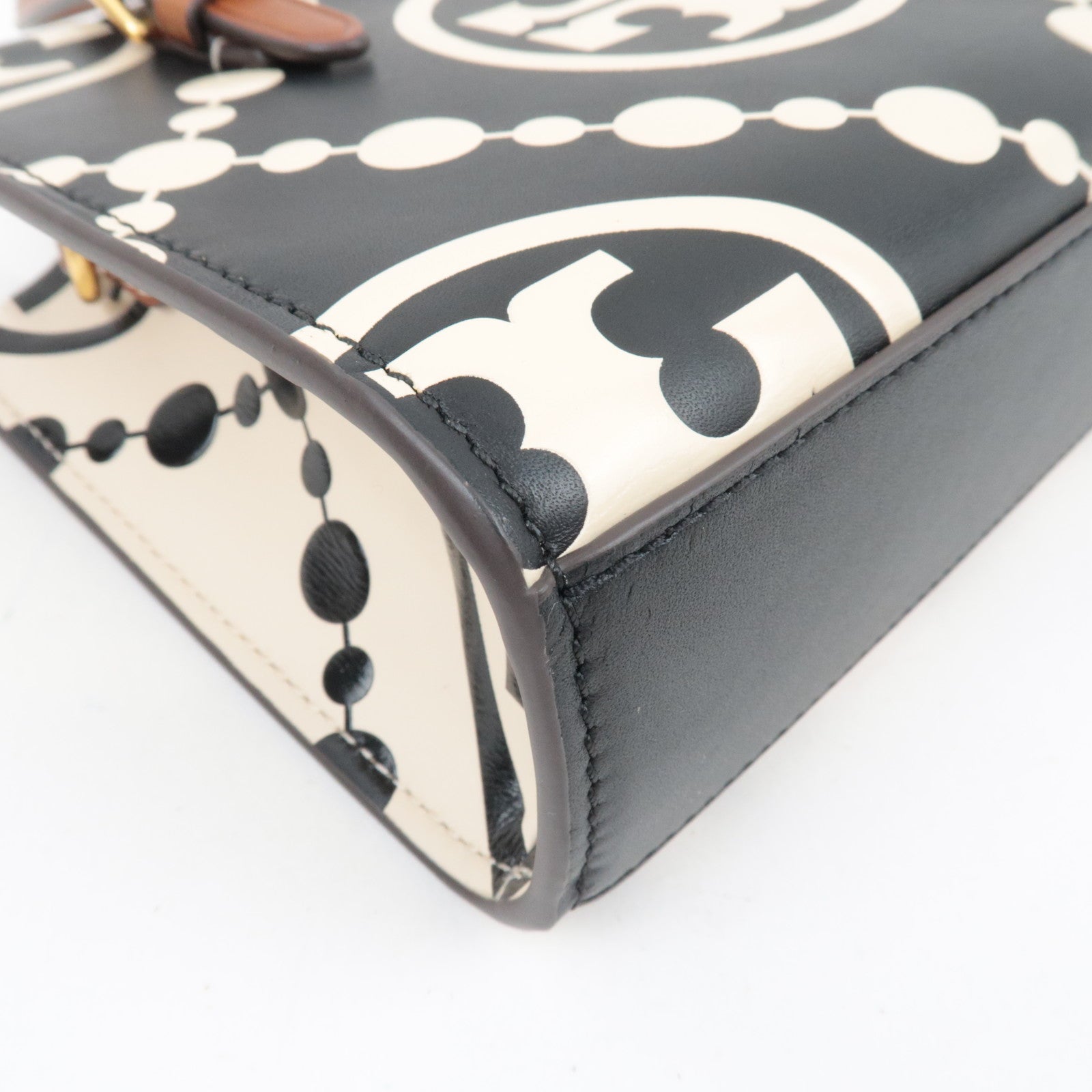 TORY BURCH T Monogram Contrast Embossed Mini Square Leather Tote Bag Black Ivory *Dust bag, Strap