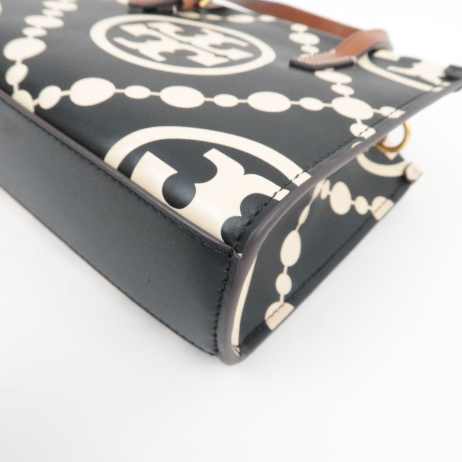 TORY BURCH T Monogram Contrast Embossed Mini Square Leather Tote Bag Black Ivory *Dust bag, Strap