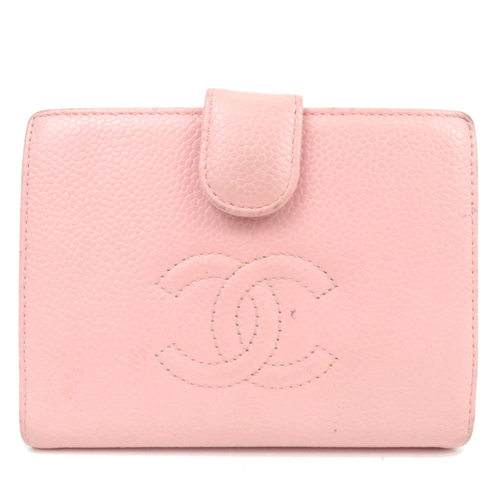 CHANEL Coco Mark Kiss Lock Caviarskin Bifold Wallet Pink Gold HDW 9170189 *G card82338