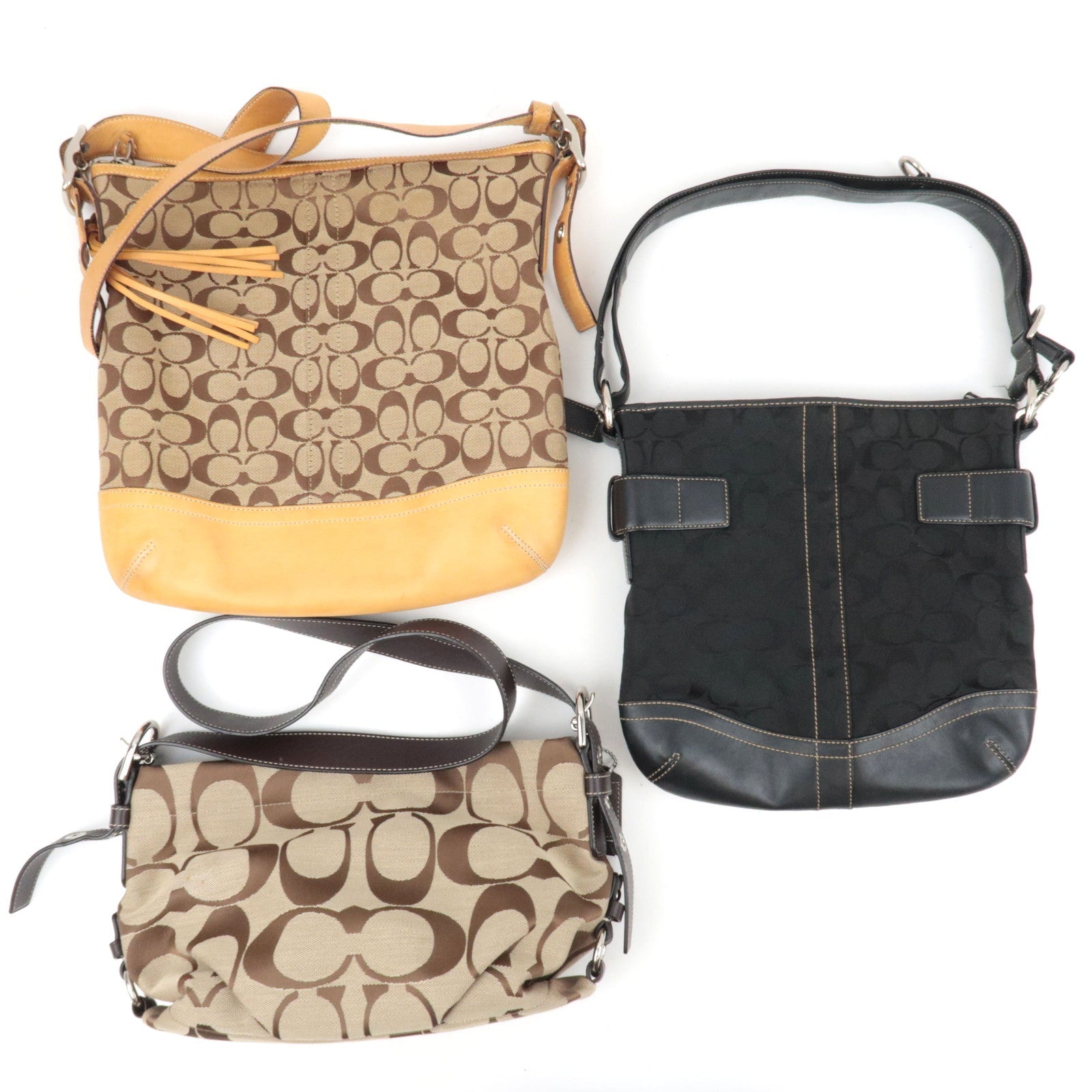 COACH Set of 3 Signature Shoulder Bag Canvas Leather Black Beige Brown