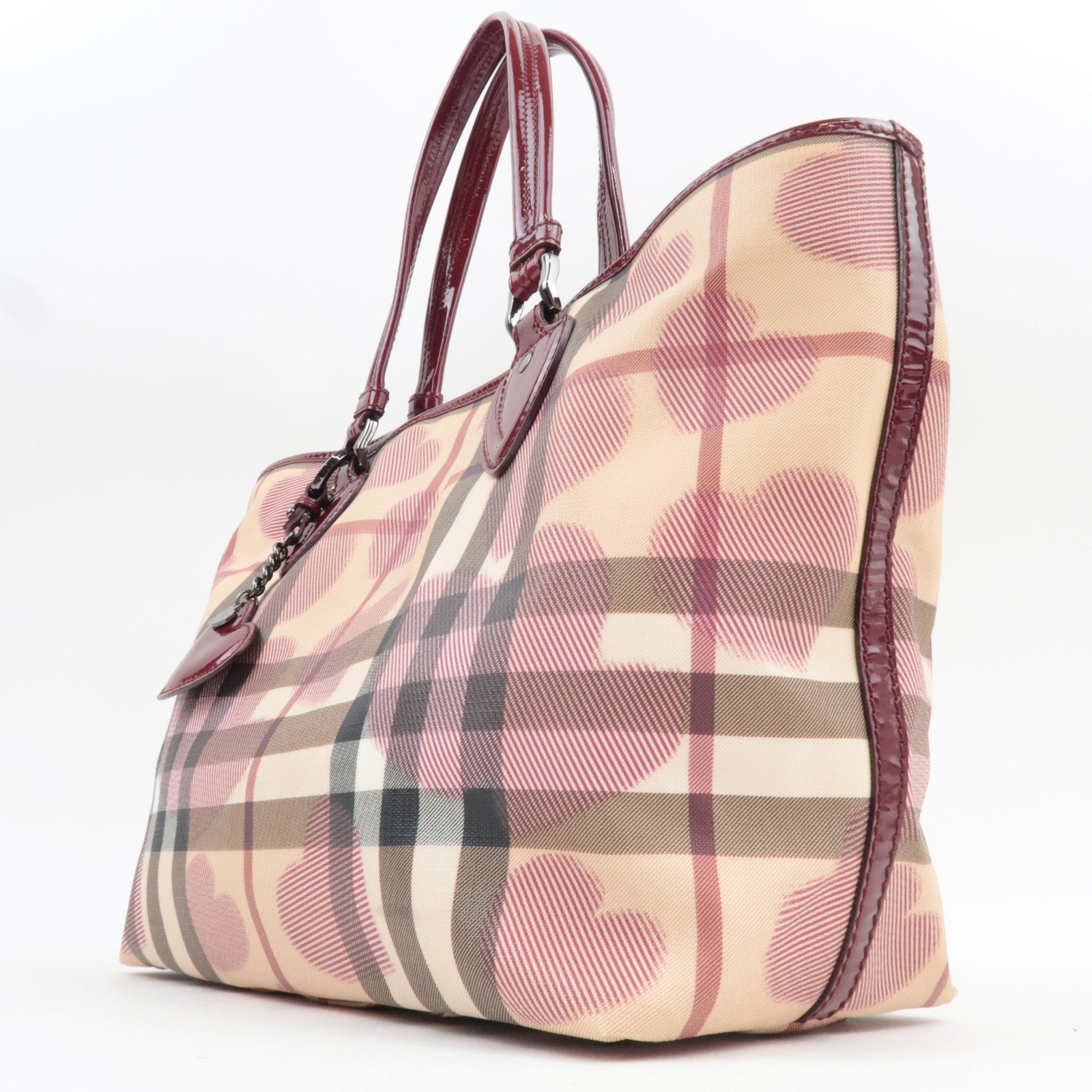 BURBERRY Heart Nova Plaid Tote Bag PVC Patnet Beige Bordeaux
