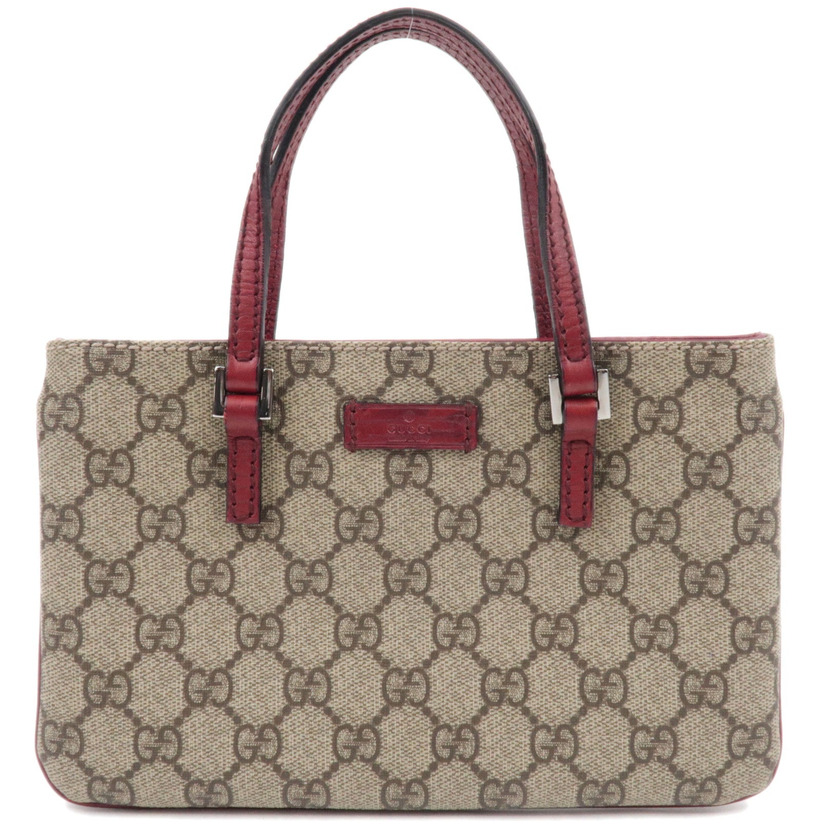 GUCCI Handbag GG Supreme Leather Beige Bordeaux 114599 with signature logo and stylish red handles.
