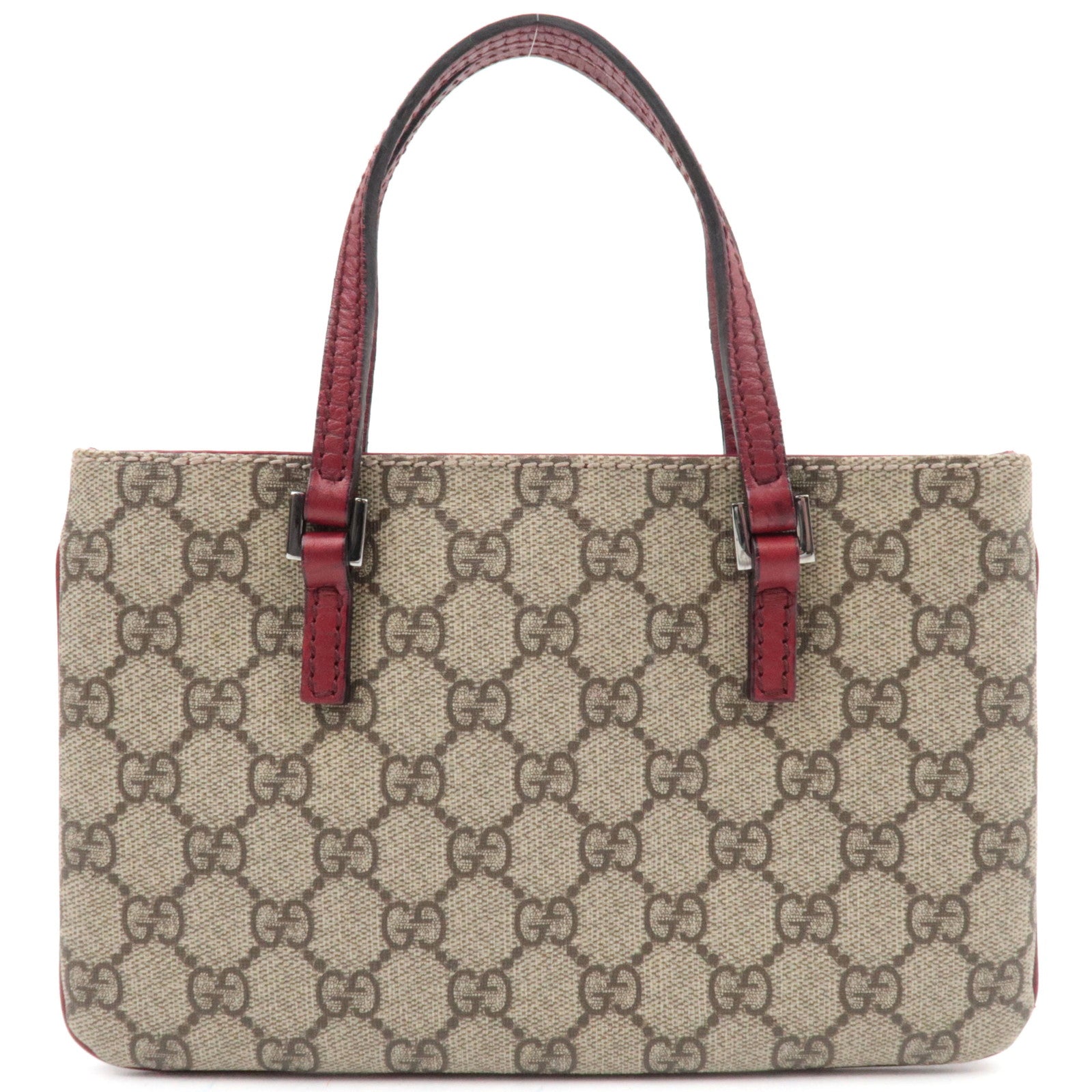 GUCCI Handbag GG Supreme Leather Beige Bordeaux 114599 front view with Burgundy leather handles.