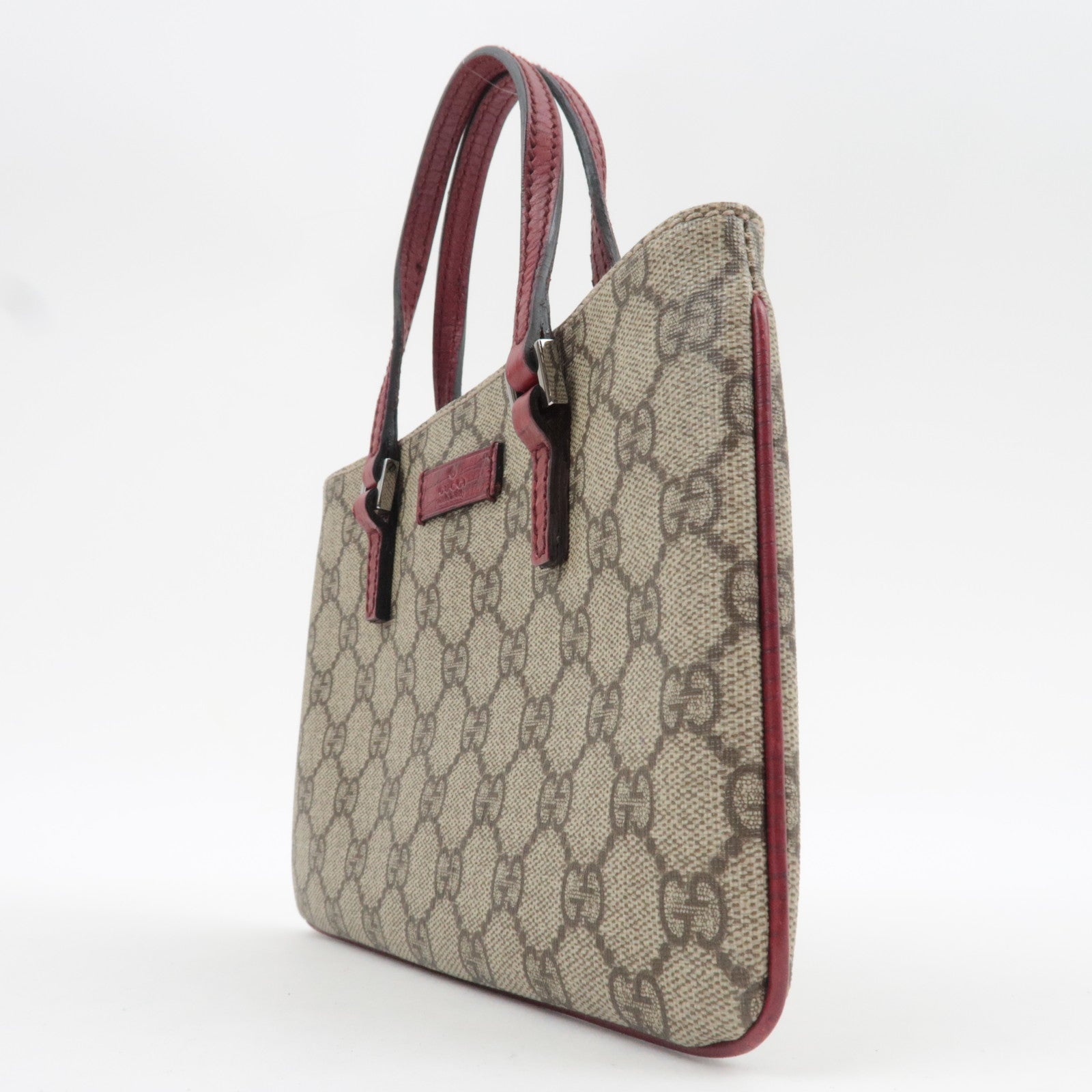 GUCCI Handbag GG Supreme Leather Beige Bordeaux 114599 side view with beige and bordeaux color, showing minor signs of use.