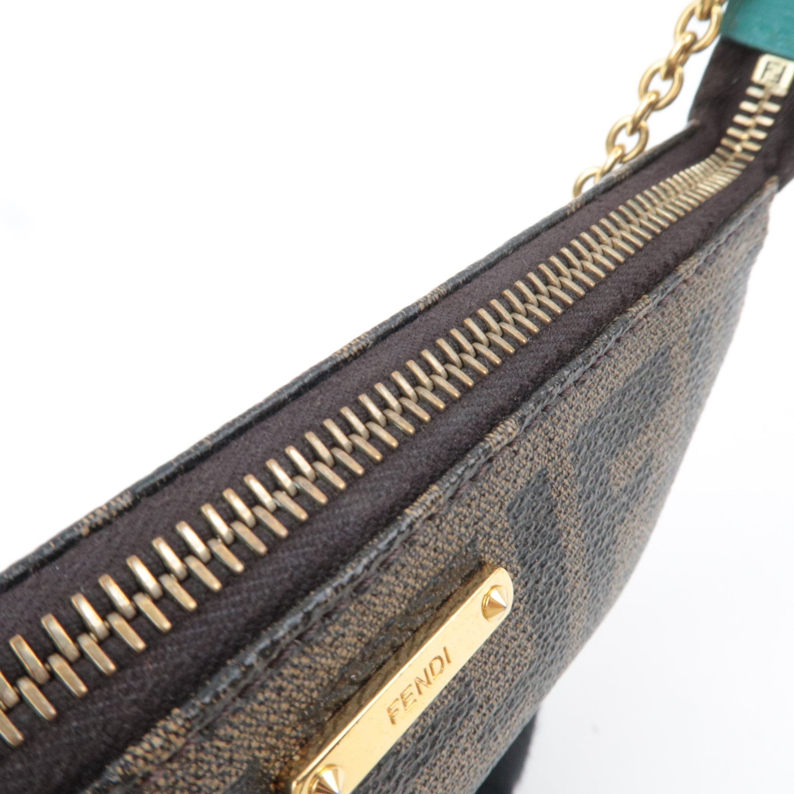 FENDI Zucca Chain Handbag PVC Leather Brown Black Turquoise 8M0271