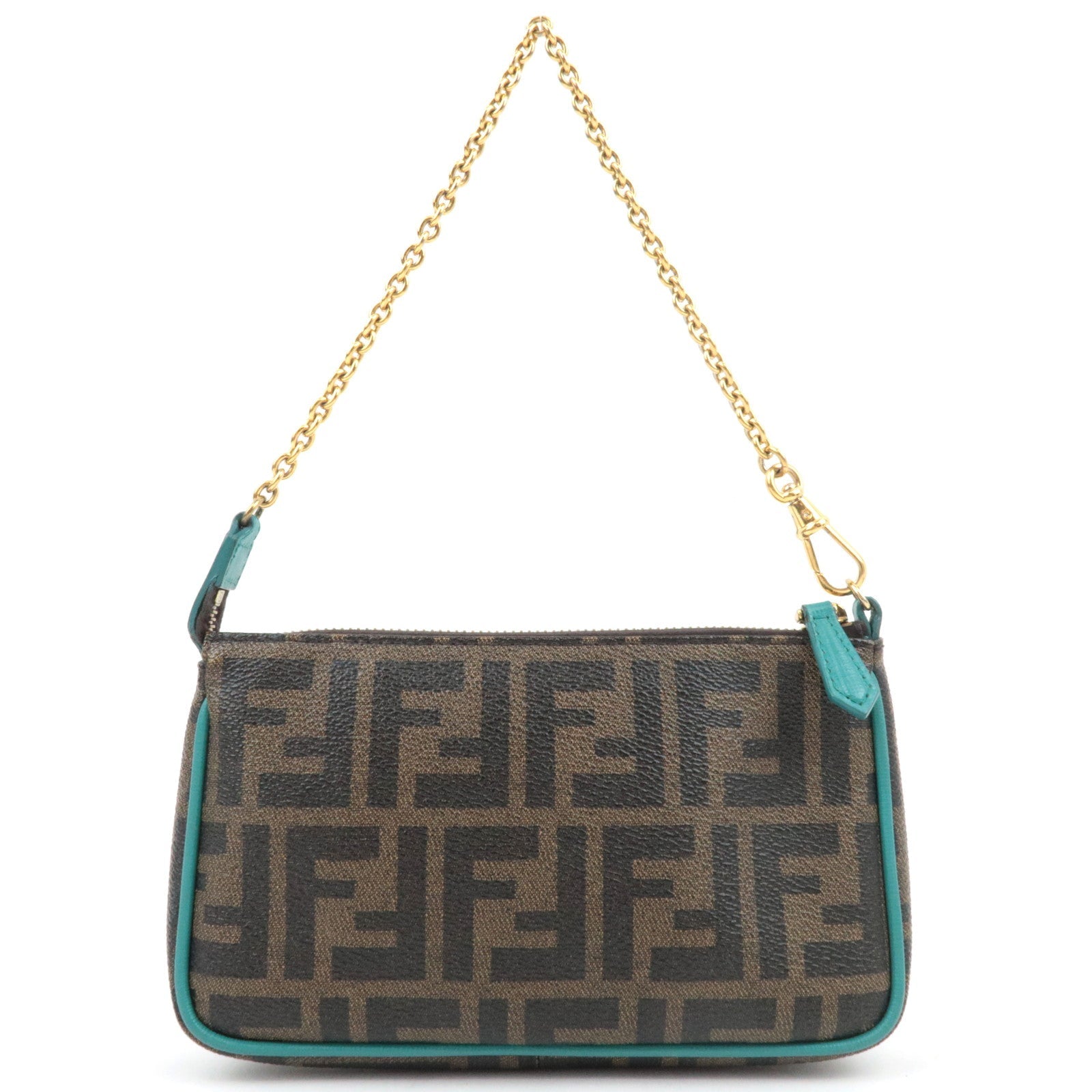 FENDI Zucca Chain Handbag PVC Leather Brown Black Turquoise 8M0271