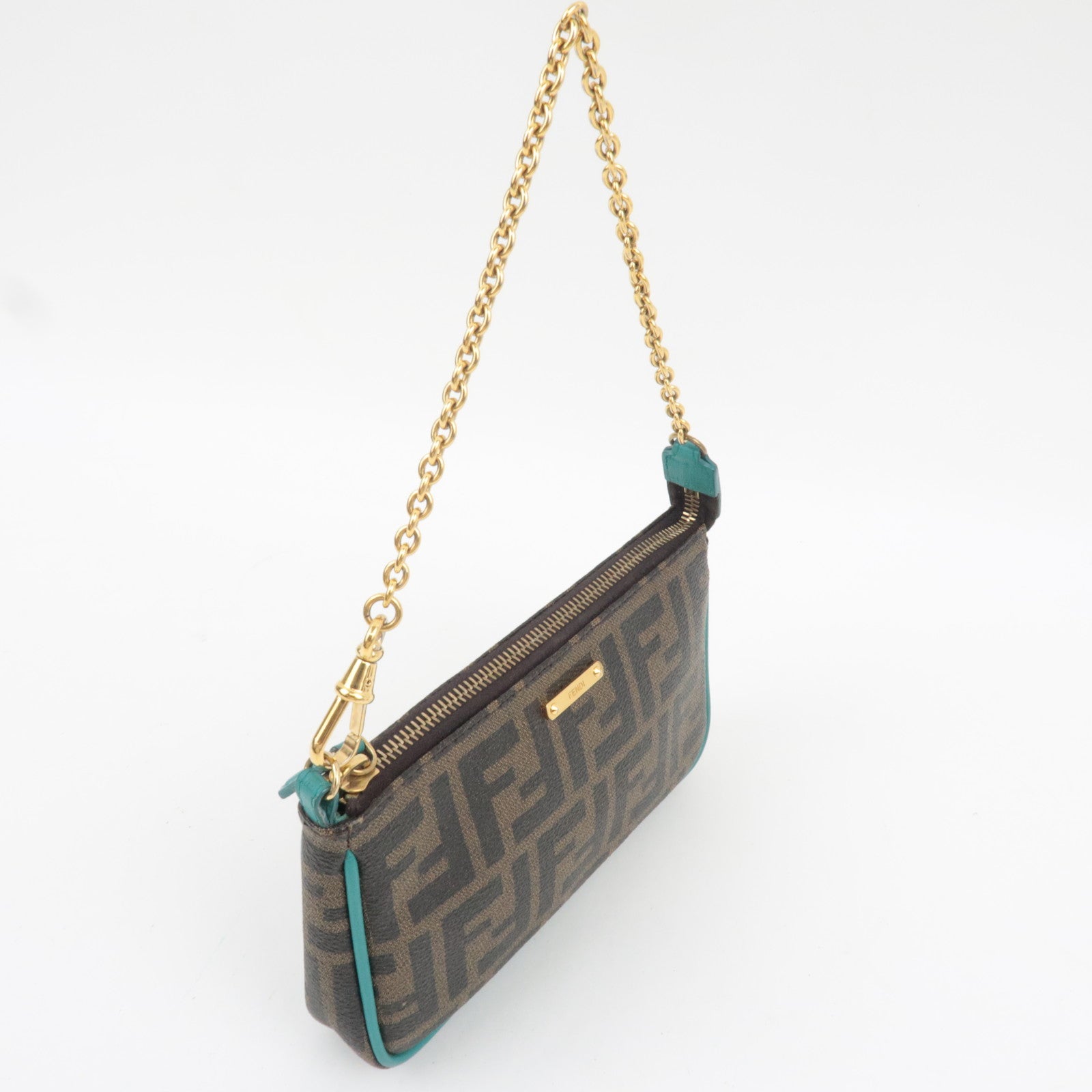 FENDI Zucca Chain Handbag PVC Leather Brown Black Turquoise 8M0271