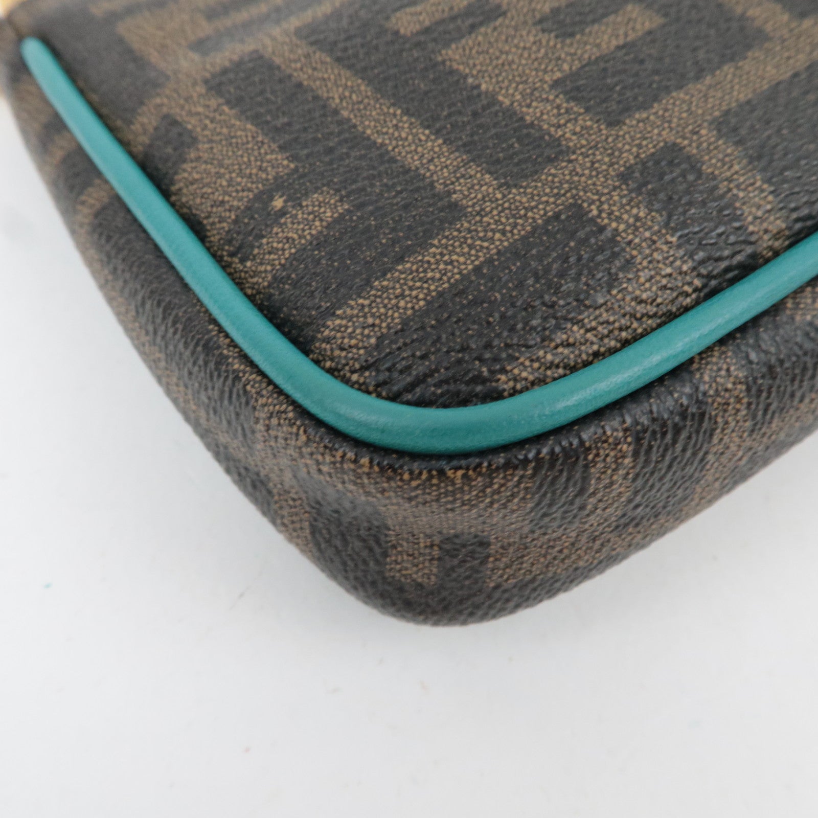 FENDI Zucca Chain Handbag PVC Leather Brown Black Turquoise 8M0271