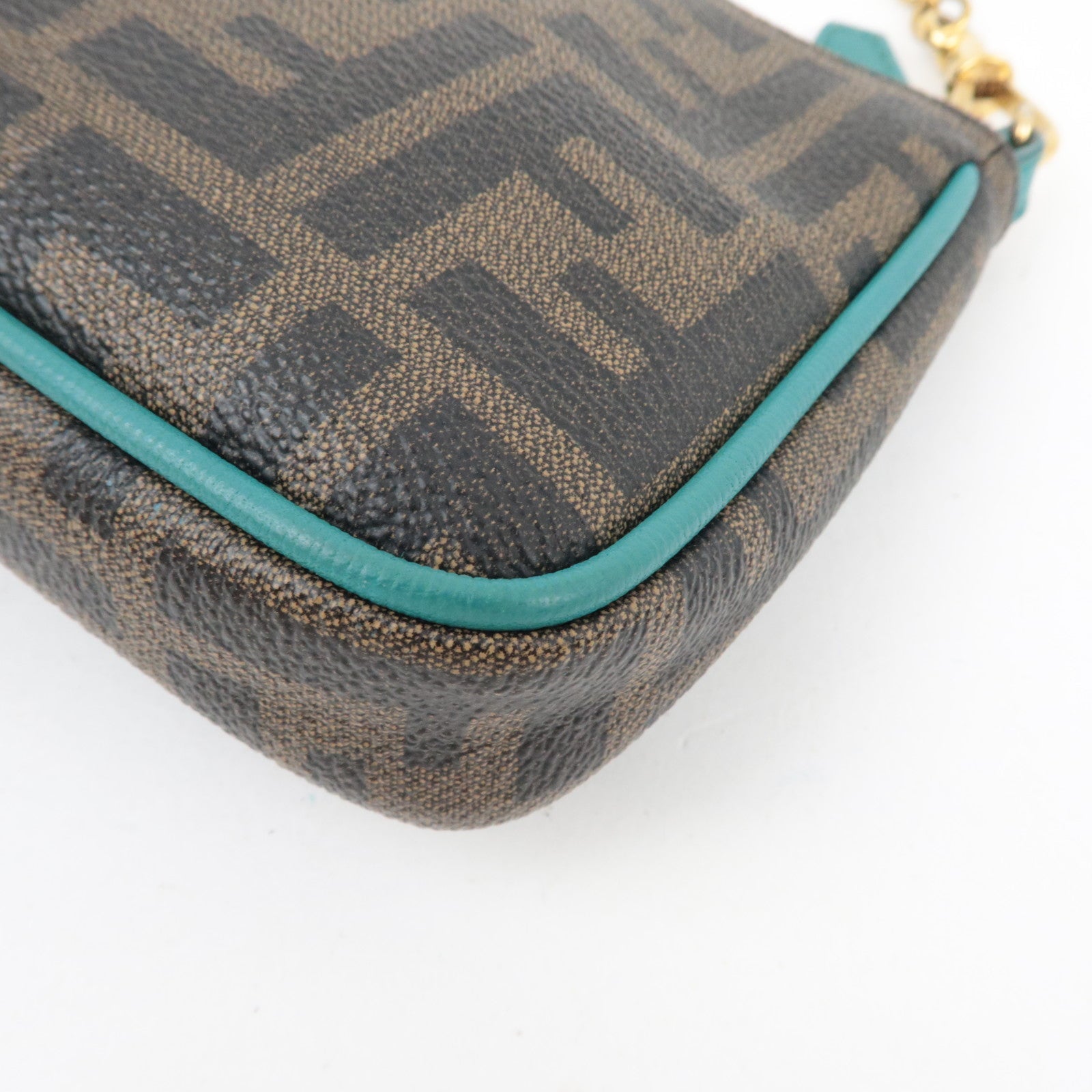 FENDI Zucca Chain Handbag PVC Leather Brown Black Turquoise 8M0271