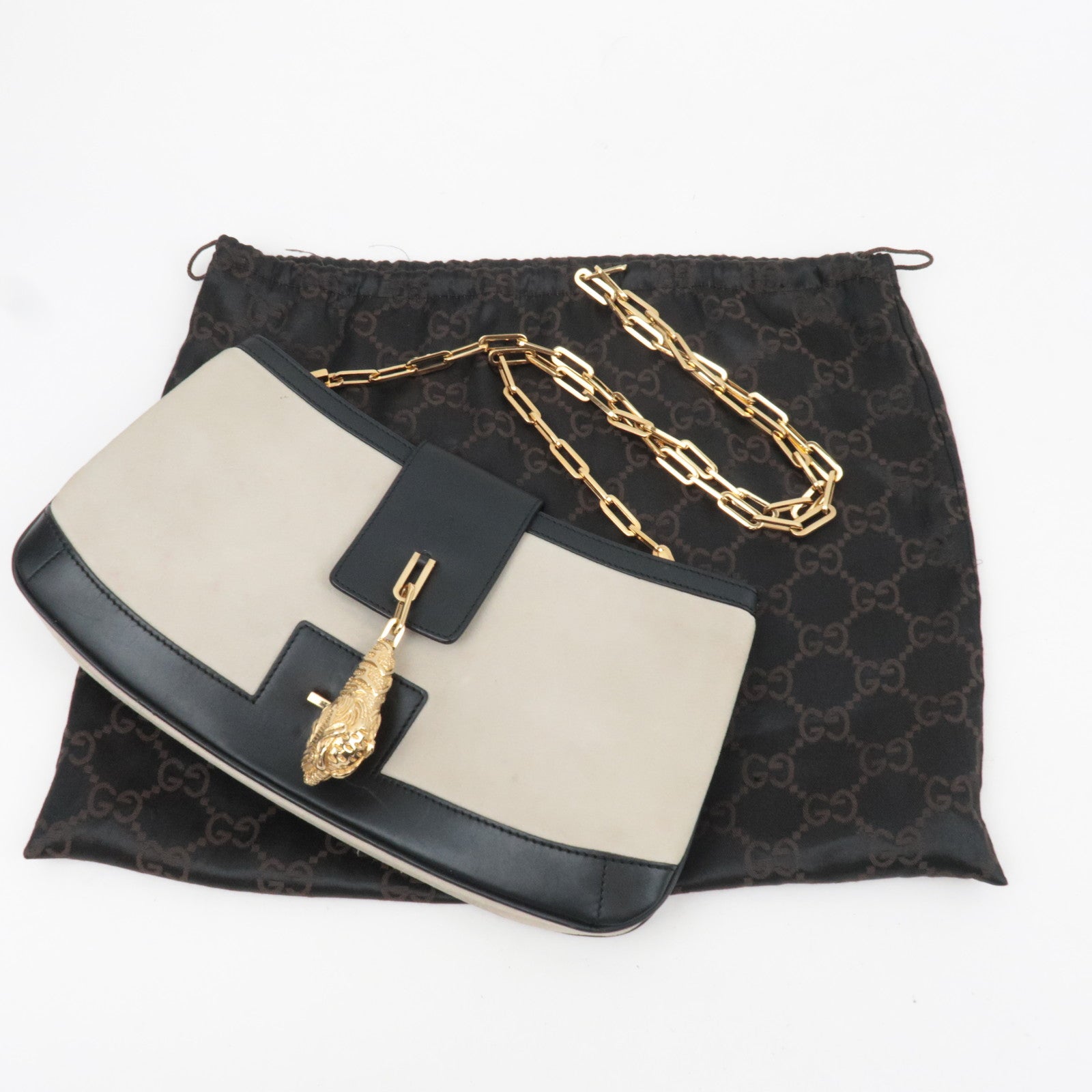 GUCCI Tiger Head Suede Leather Shoulder Bag Light Gray Black 001.4110.001013 *Dust bag