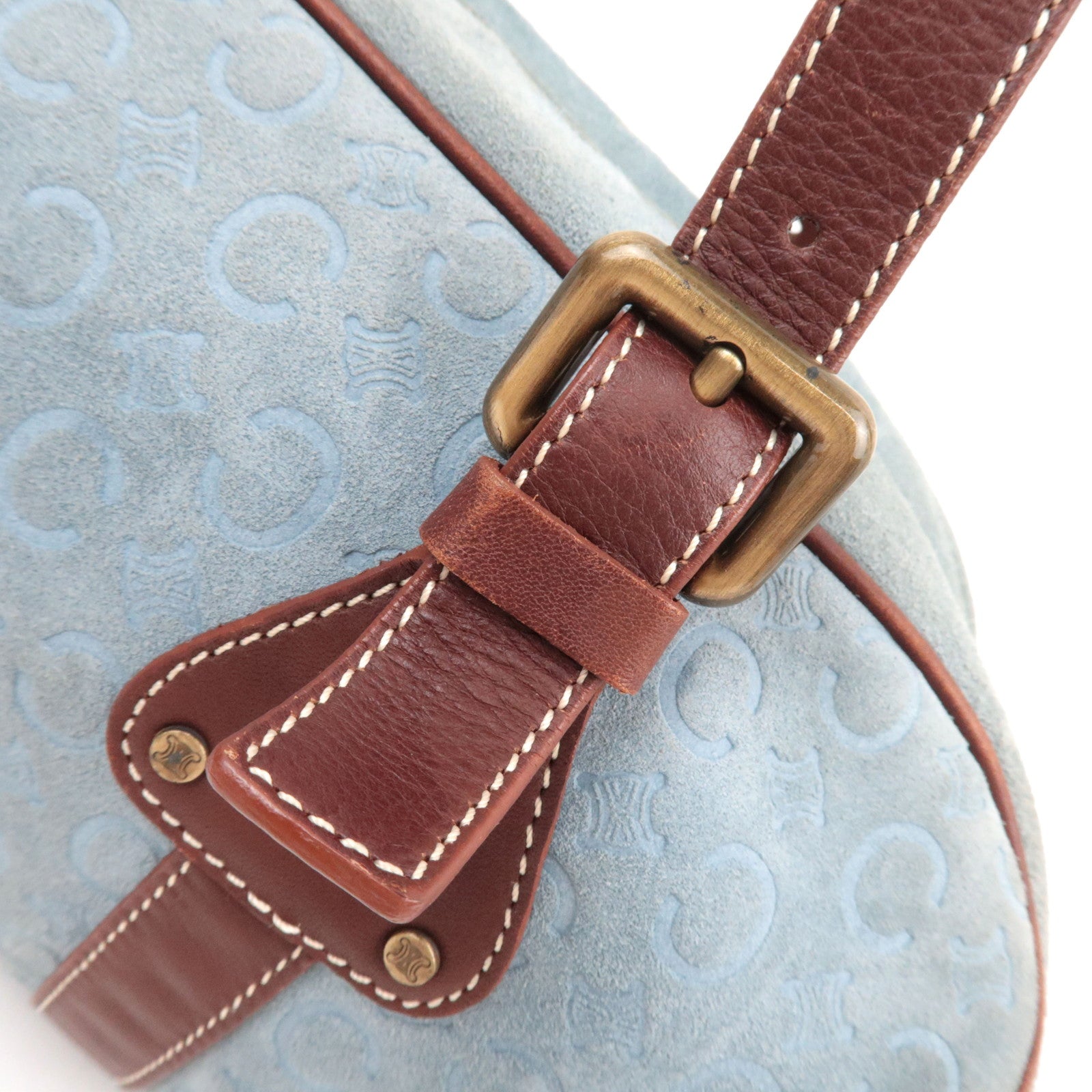 CELINE C Macadam Suede Leather Shoulder Bag Blue Brown