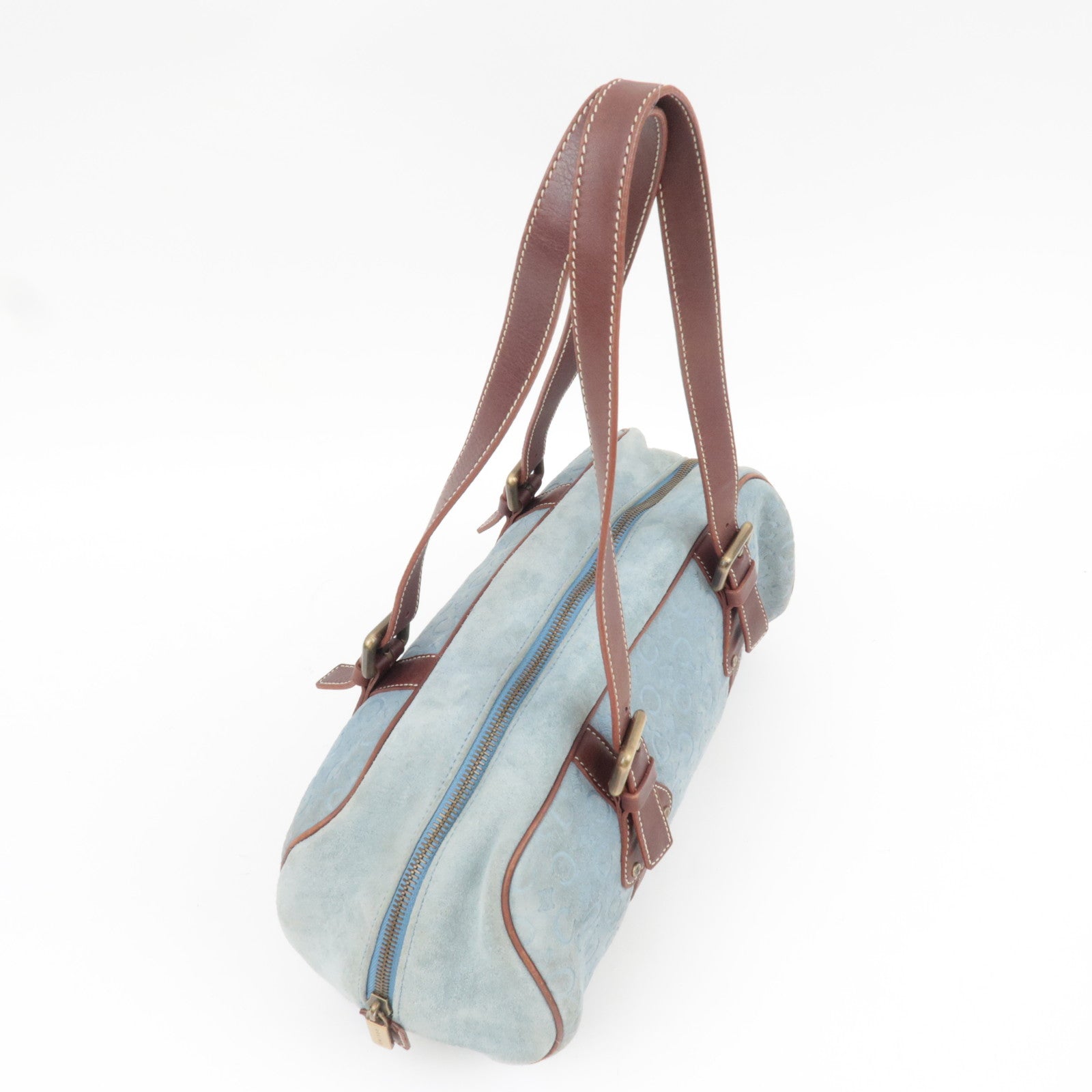 CELINE C Macadam Suede Leather Shoulder Bag Blue Brown