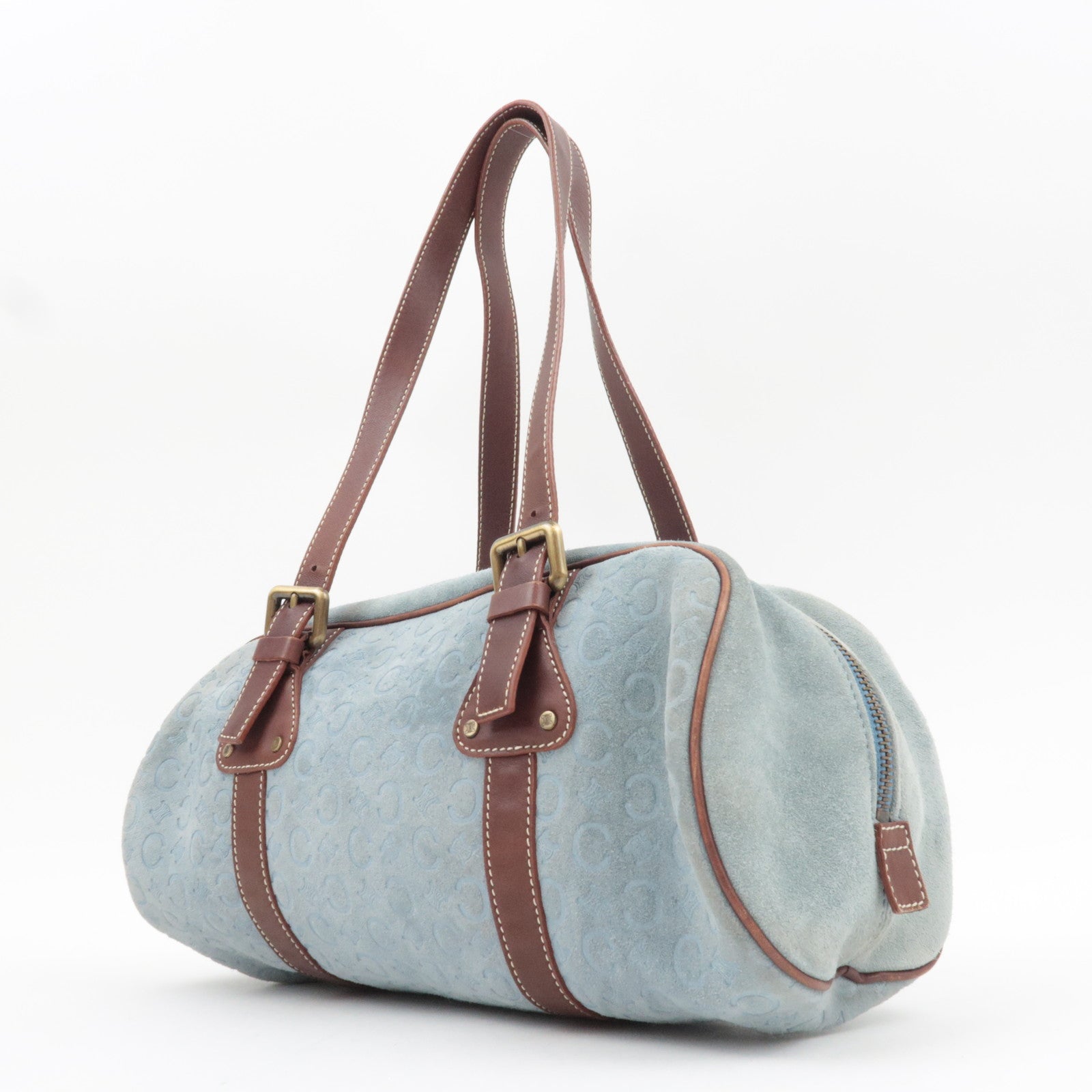 CELINE C Macadam Suede Leather Shoulder Bag Blue Brown