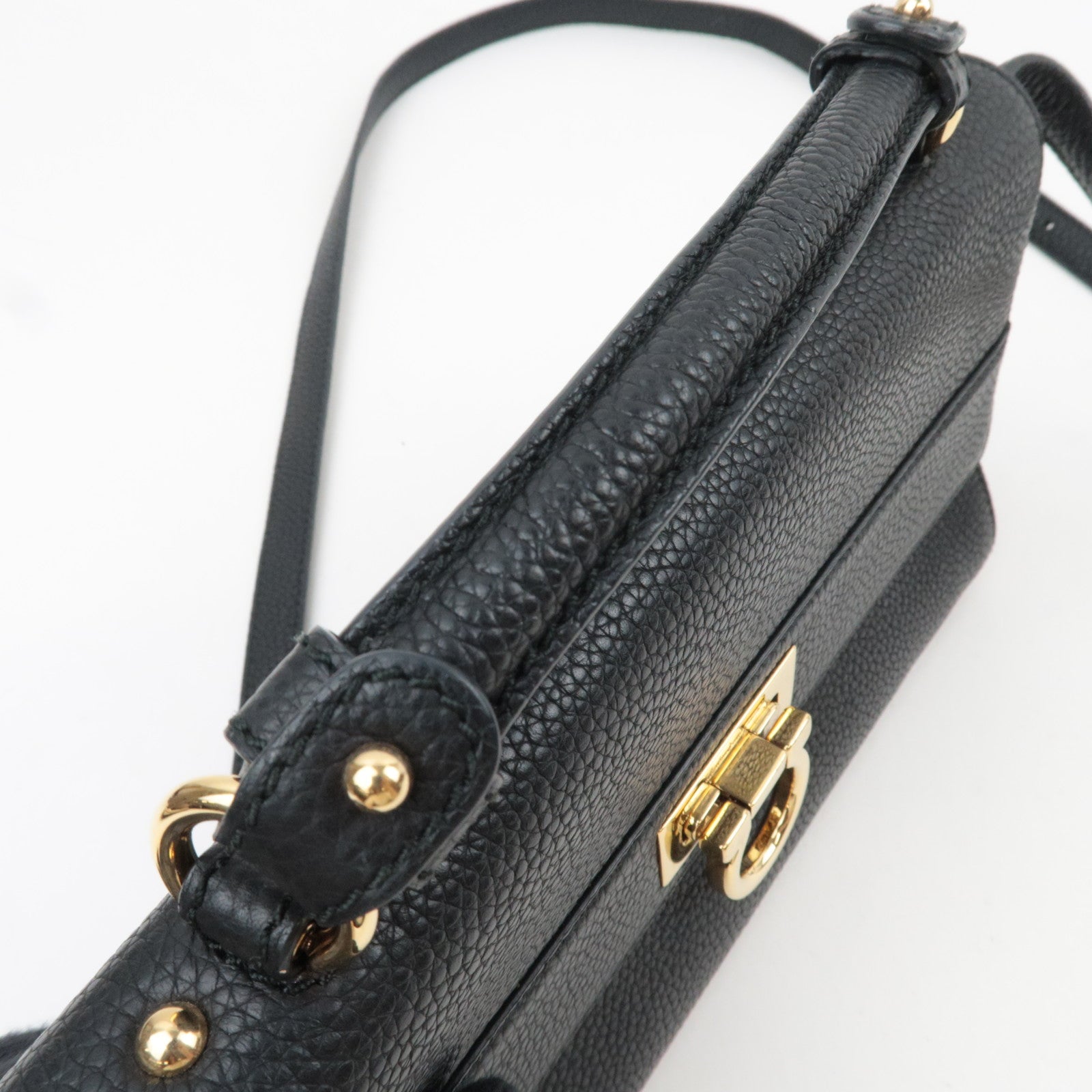 Ferragamo Gancini 2Way Leather Shoulder Bag Black Gold HDW