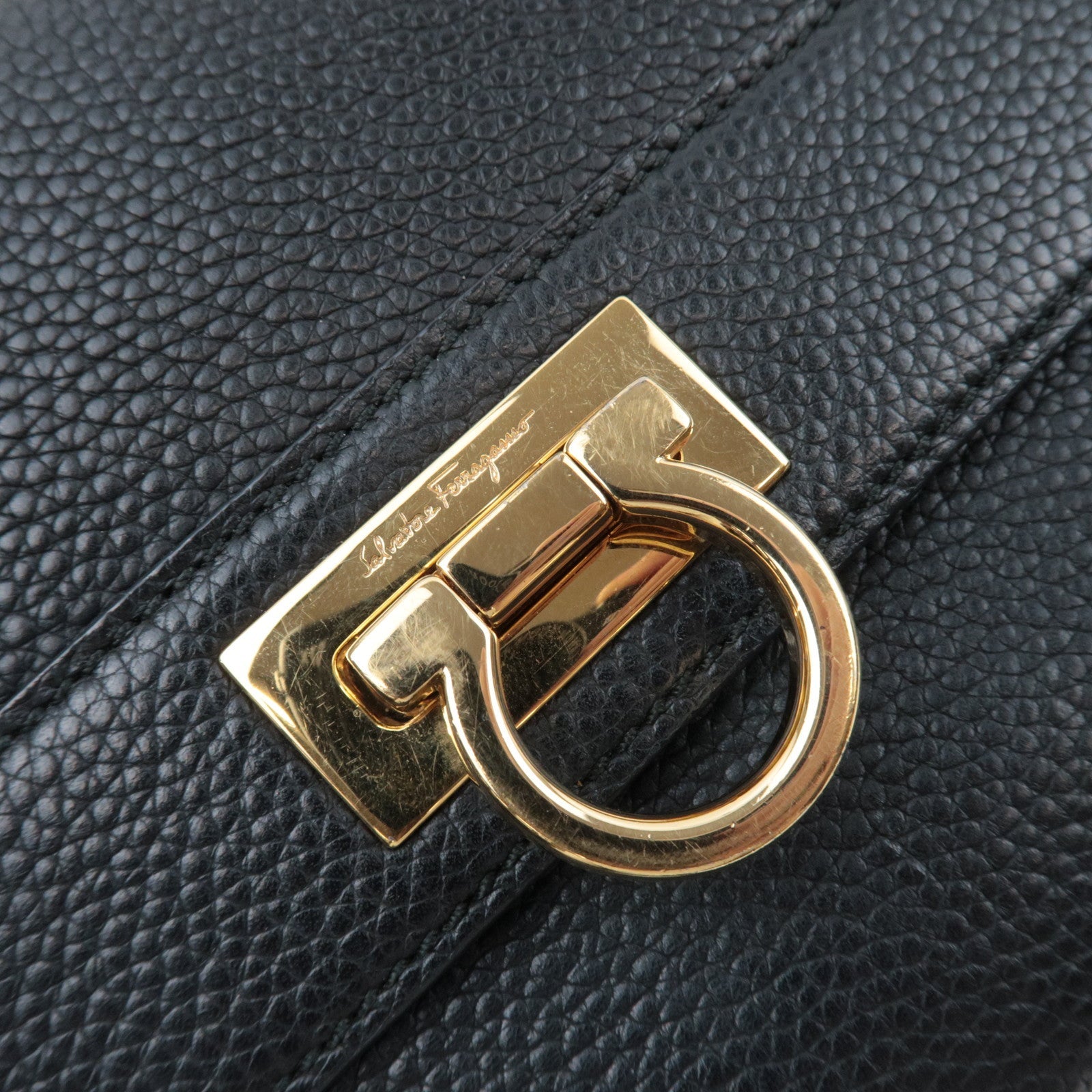 Ferragamo Gancini 2Way Leather Shoulder Bag Black Gold HDW