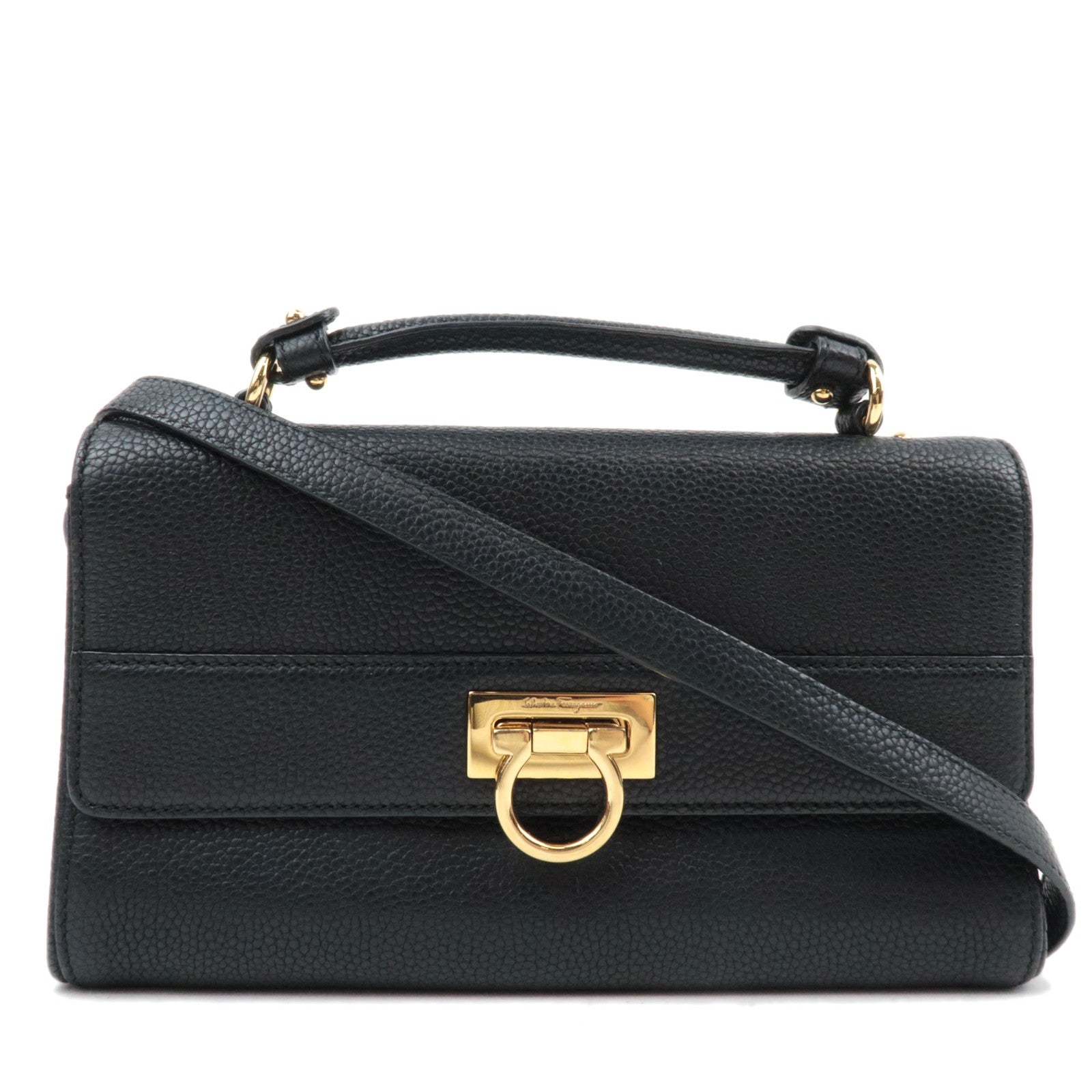 Ferragamo Gancini 2Way Leather Shoulder Bag Black Gold HDW82440