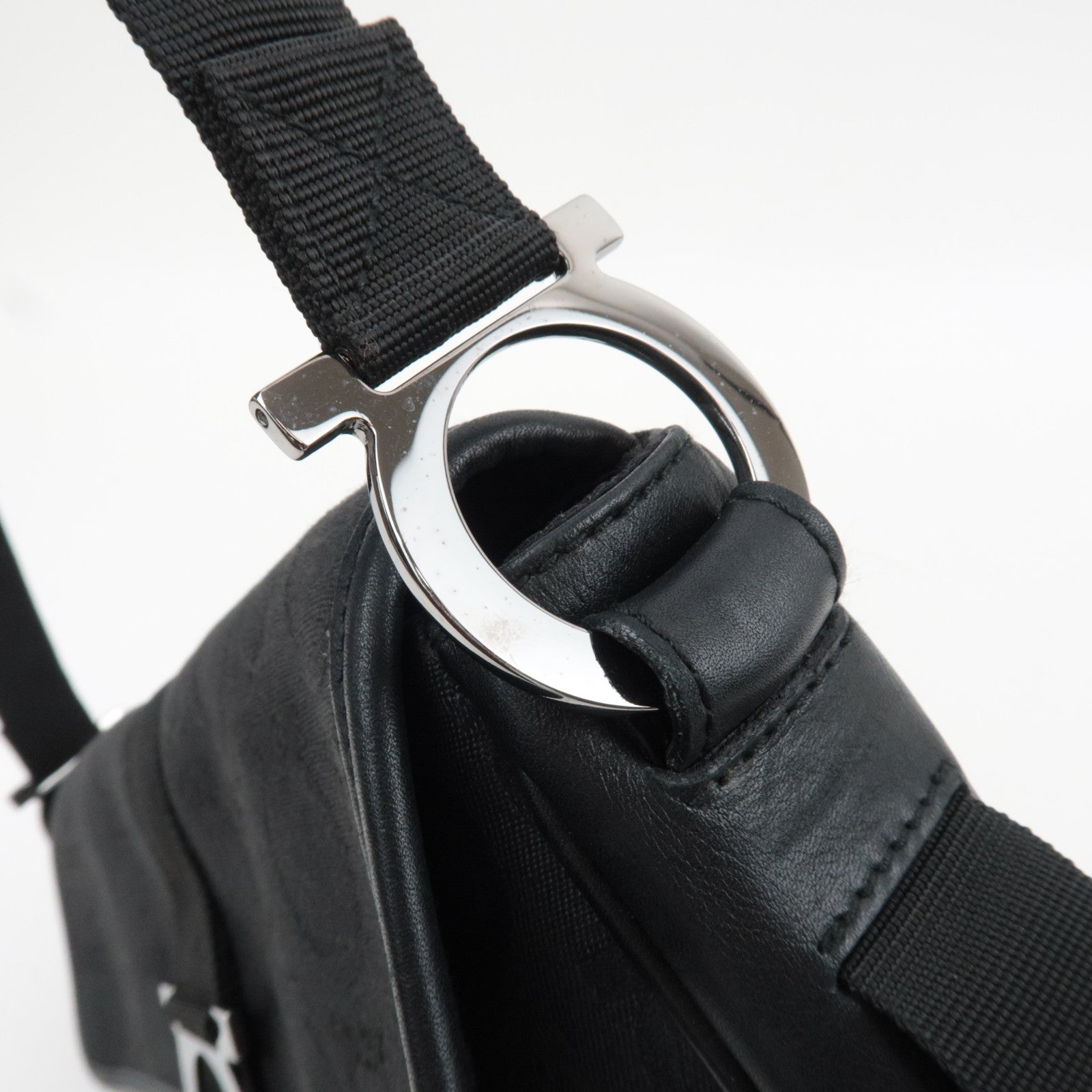 Ferragamo Gancini Shoulder Bag Canvas Leather Black close-up of the detachable strap and metal hardware.