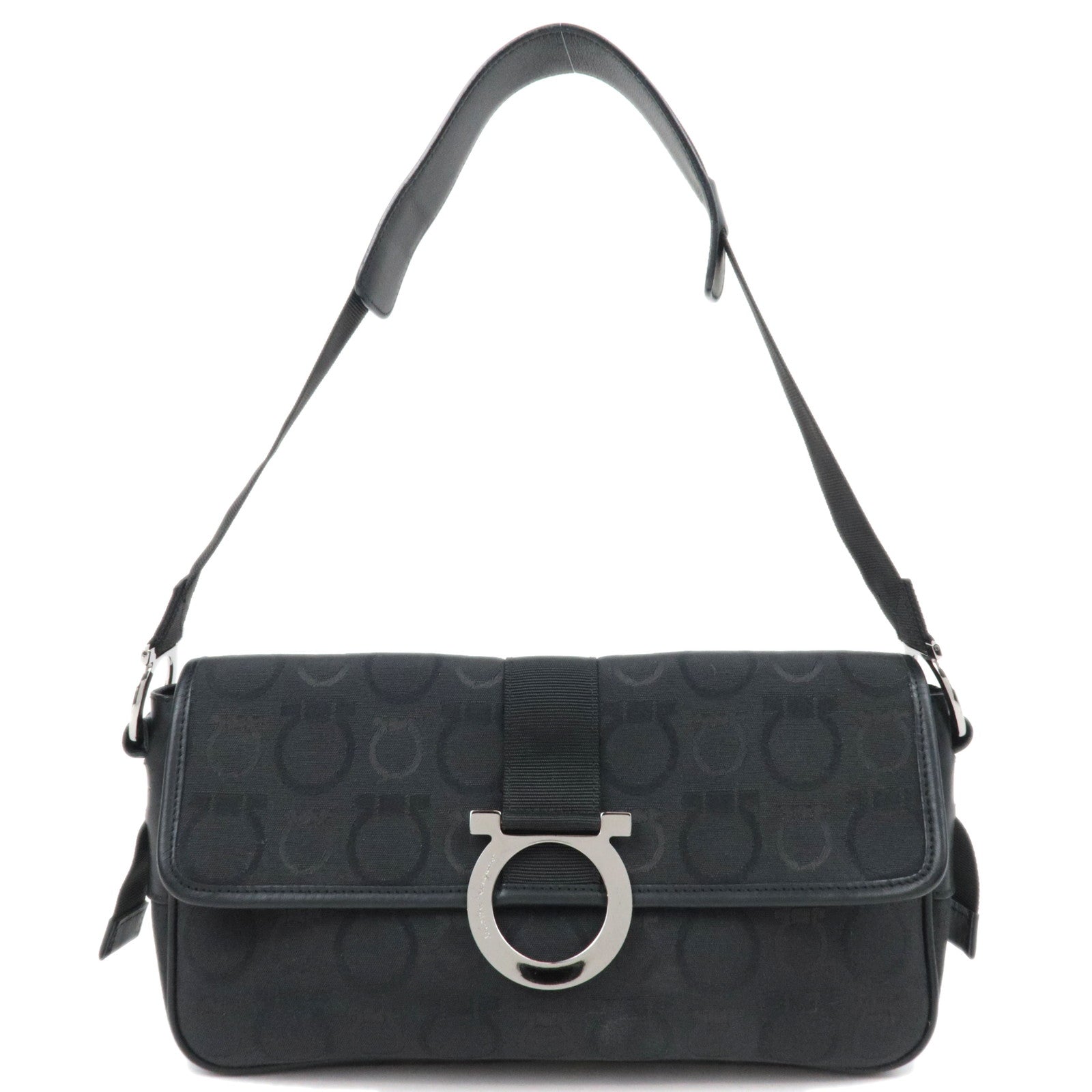 Ferragamo Gancini Shoulder Bag Canvas Leather Black with silver accents and adjustable strap.
