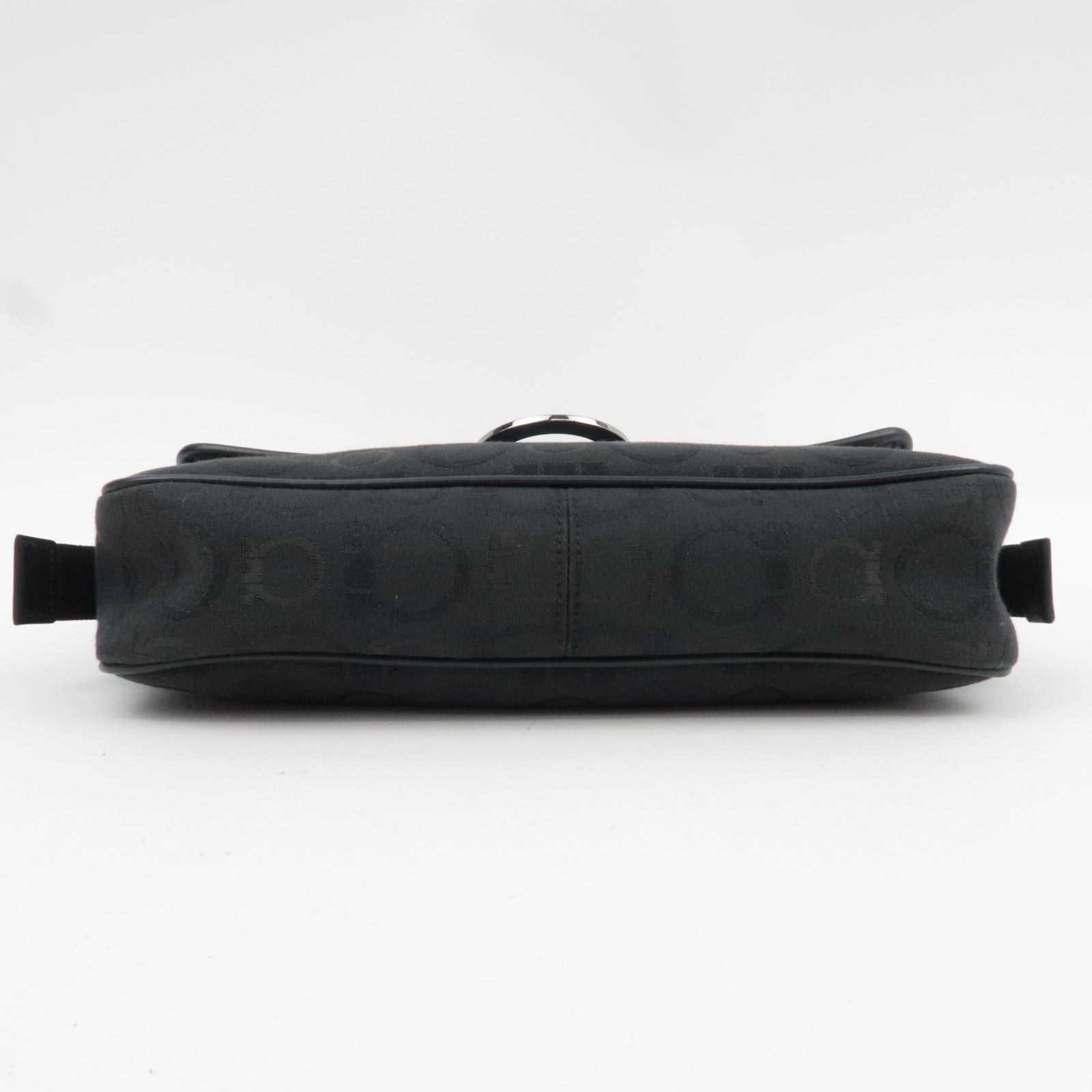 Ferragamo Gancini Shoulder Bag Canvas Leather Black view from the side showcasing its sleek design.