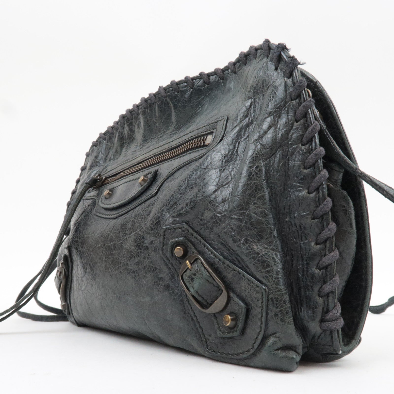 BALENCIAGA The Stitch Leather Shoulder Bag Black *Strap, Mirror