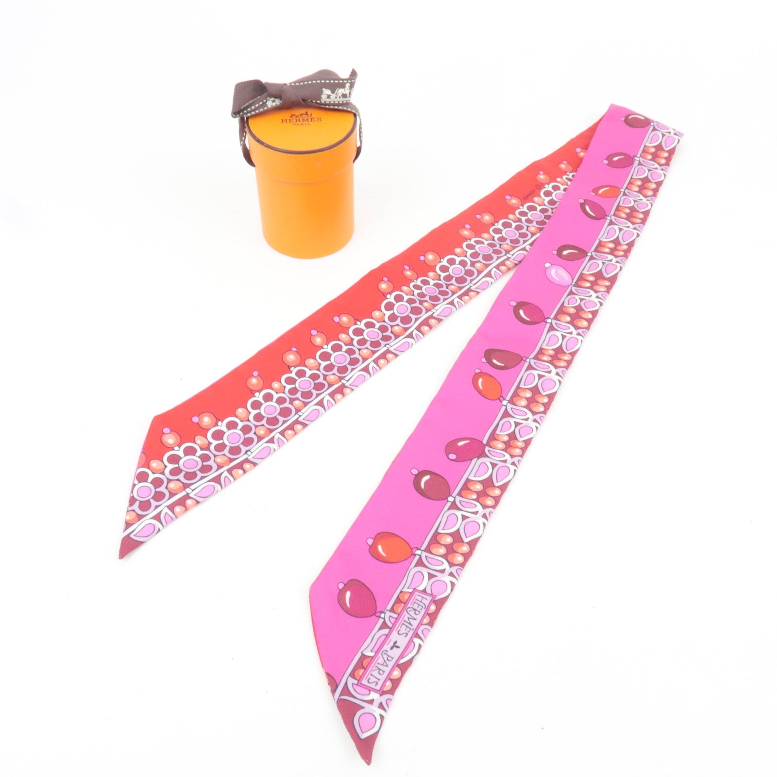 HERMES Twilly Scarf Parures Des MAHARAJA 100% Silk Pink Red *Box