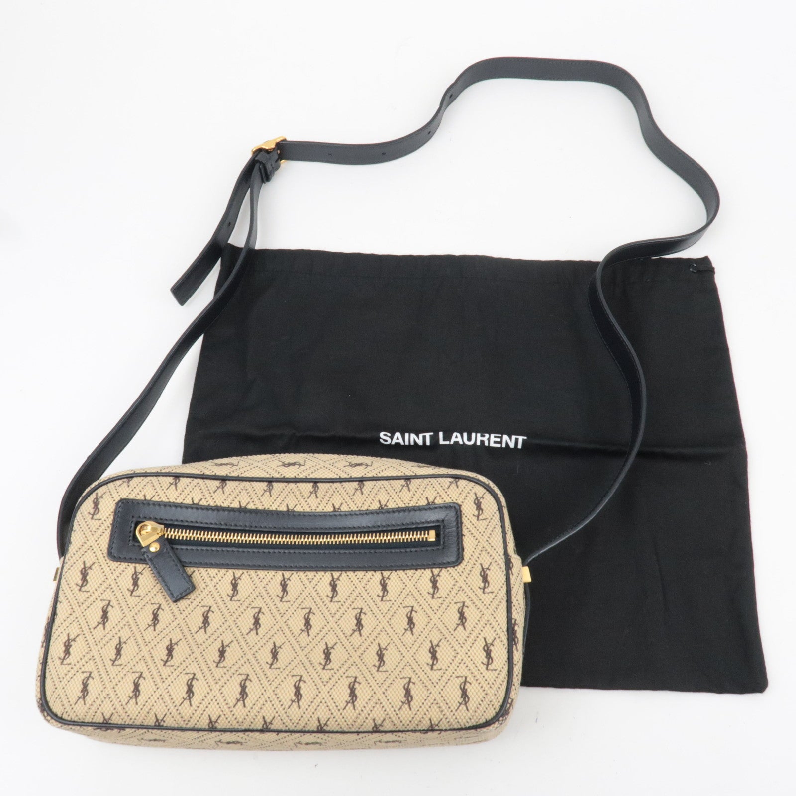 Saint Laurent Monogram Allover Shoulder Bag Cotton Canvas Leather Beige *Dust Bag