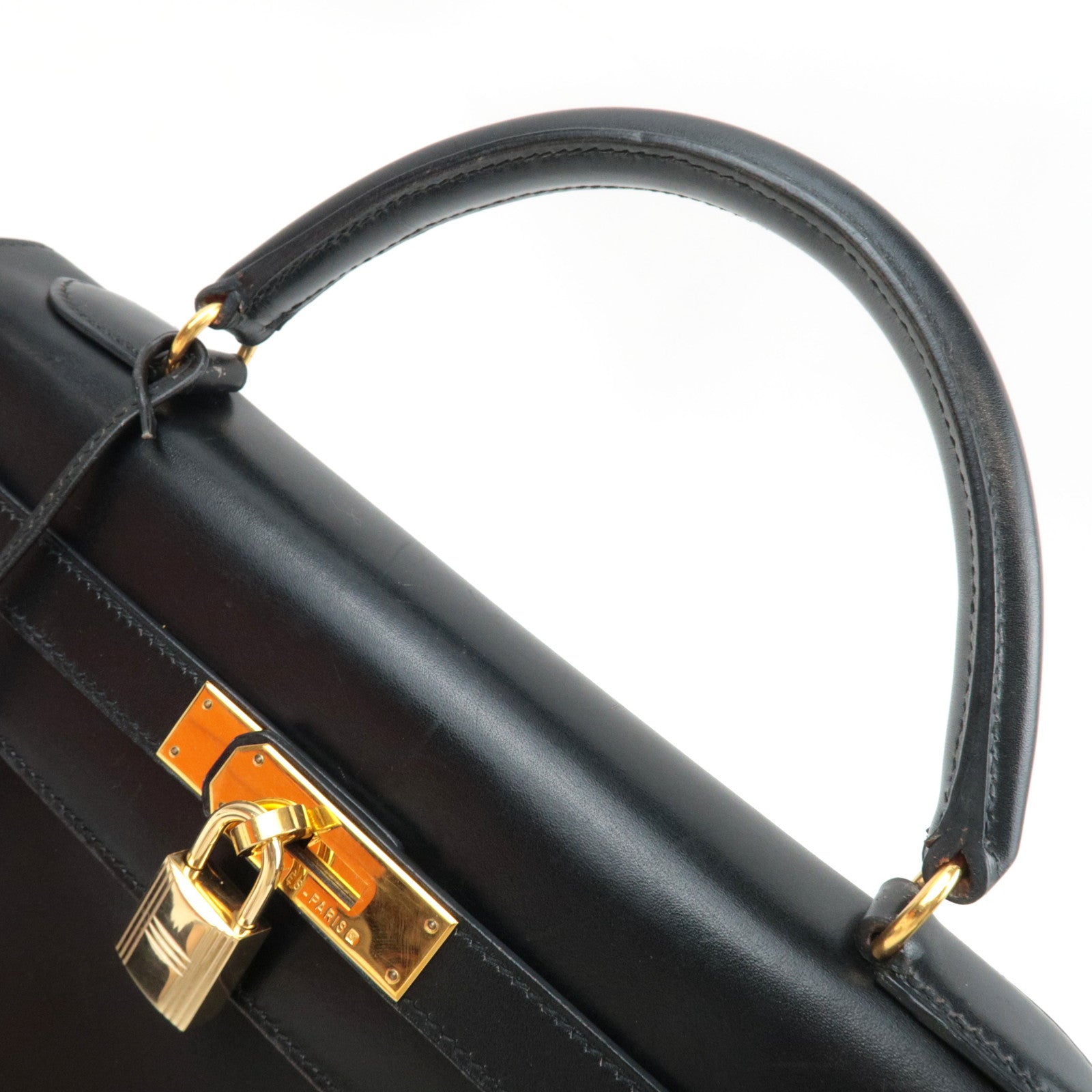 HERMES Kelly 32 B Stamp (1998) Box Calf 2Way Handbag Black Gold HDW *Box, Dust bag, Strap, Key Lock, Clochette