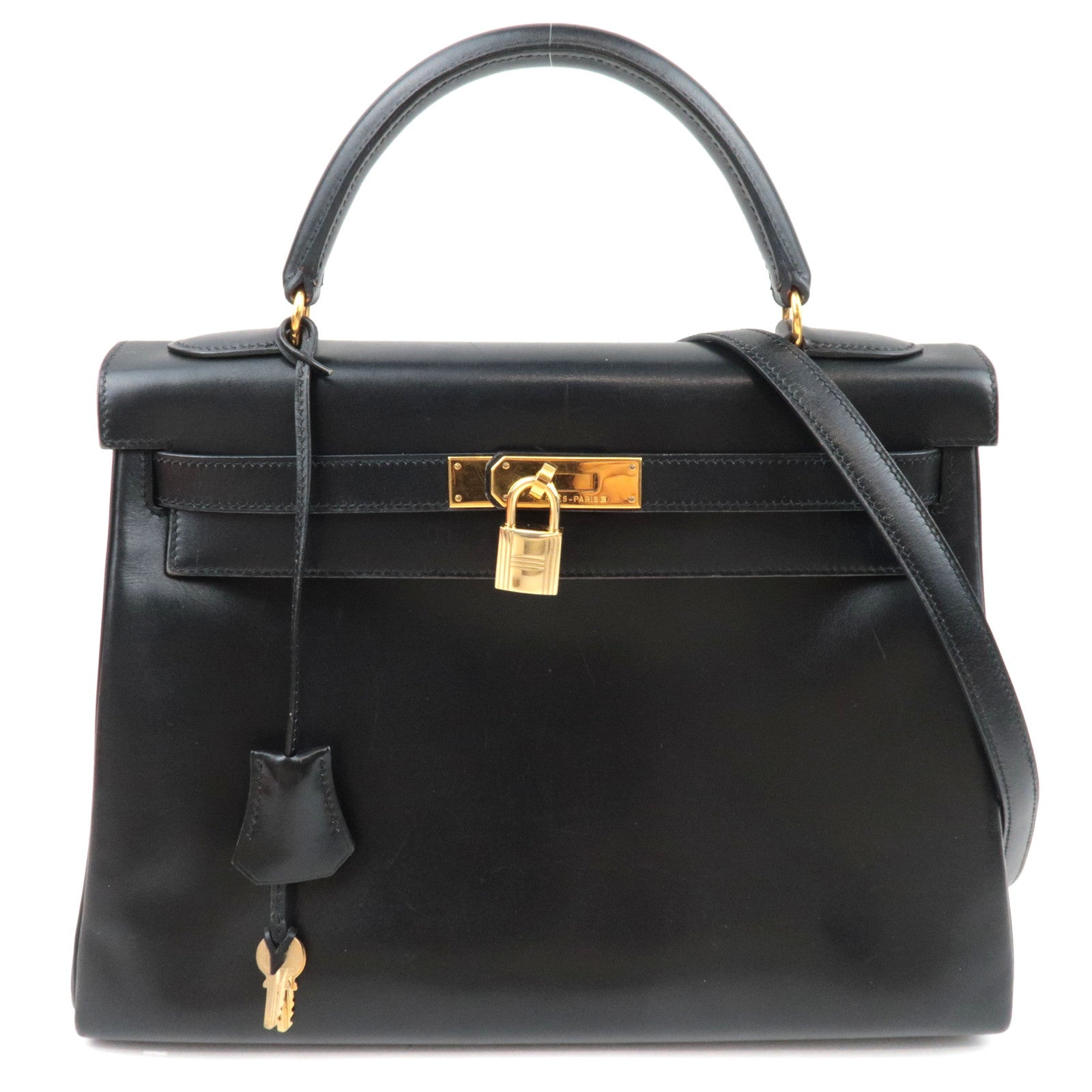 HERMES Kelly 32 B Stamp (1998) Box Calf 2Way Handbag Black Gold HDW *Box, Dust bag, Strap, Key Lock, Clochette82542