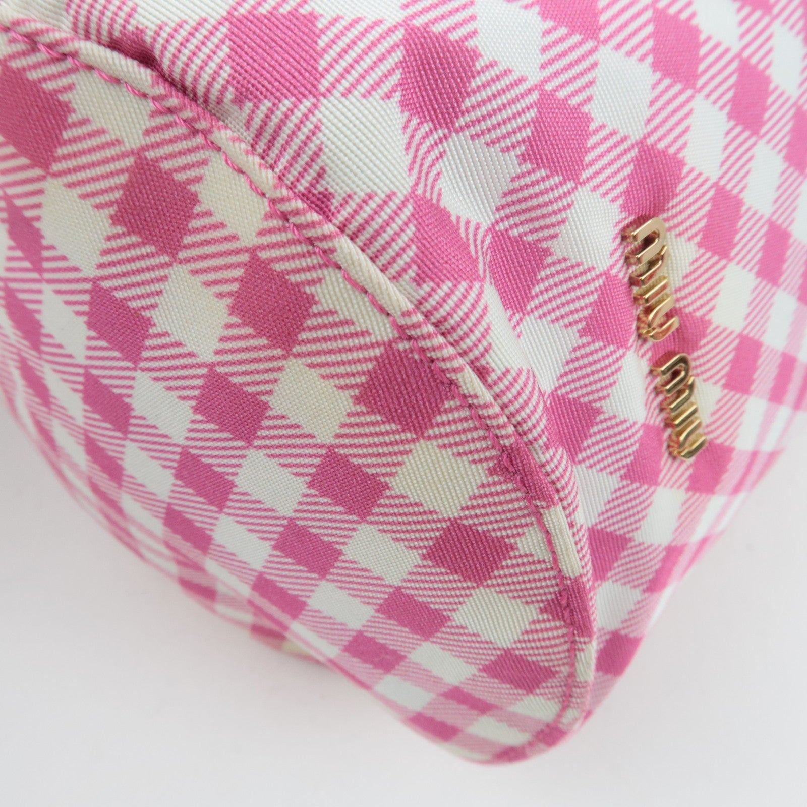 MIU MIU Gingham Nylon Leather Drawstring Bag Pink *Dust bag