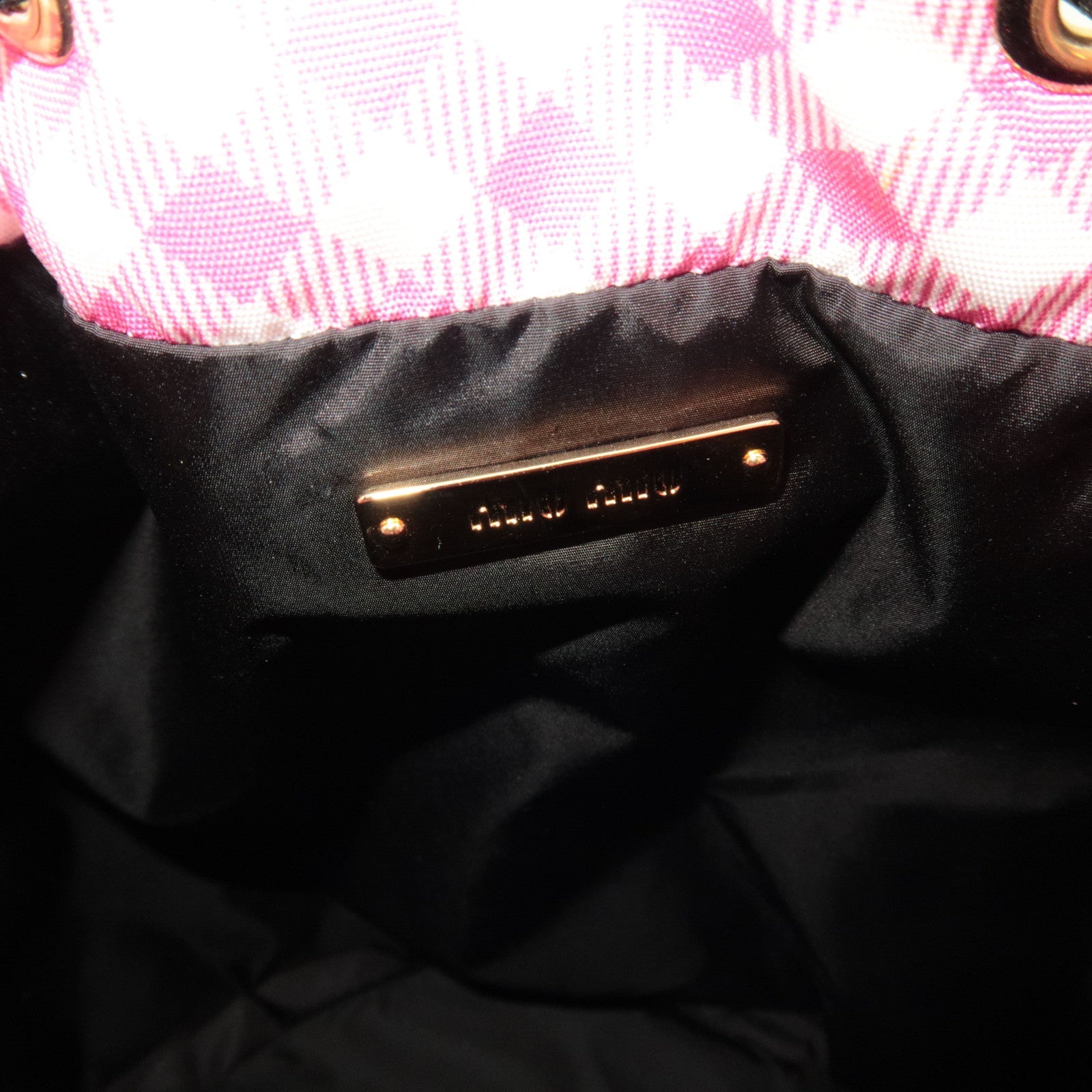 MIU MIU Gingham Nylon Leather Drawstring Bag Pink *Dust bag
