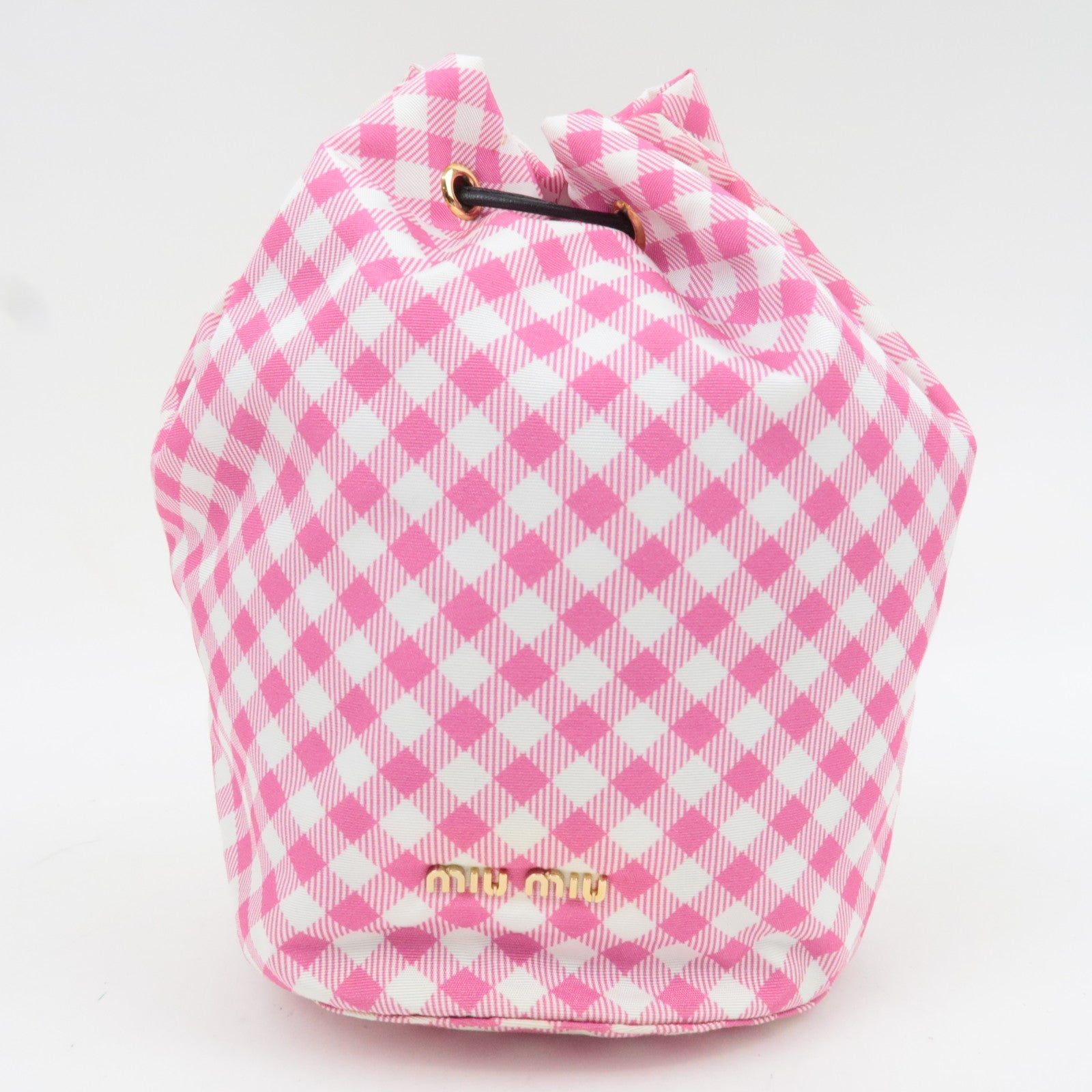 MIU MIU Gingham Nylon Leather Drawstring Bag Pink *Dust bag