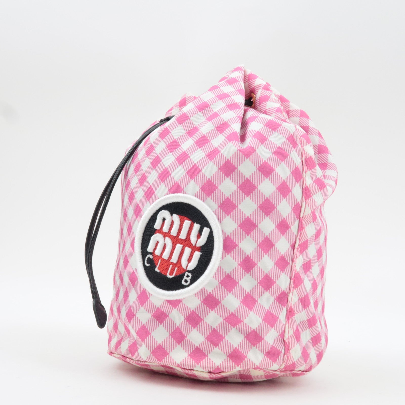 MIU MIU Gingham Nylon Leather Drawstring Bag Pink *Dust bag