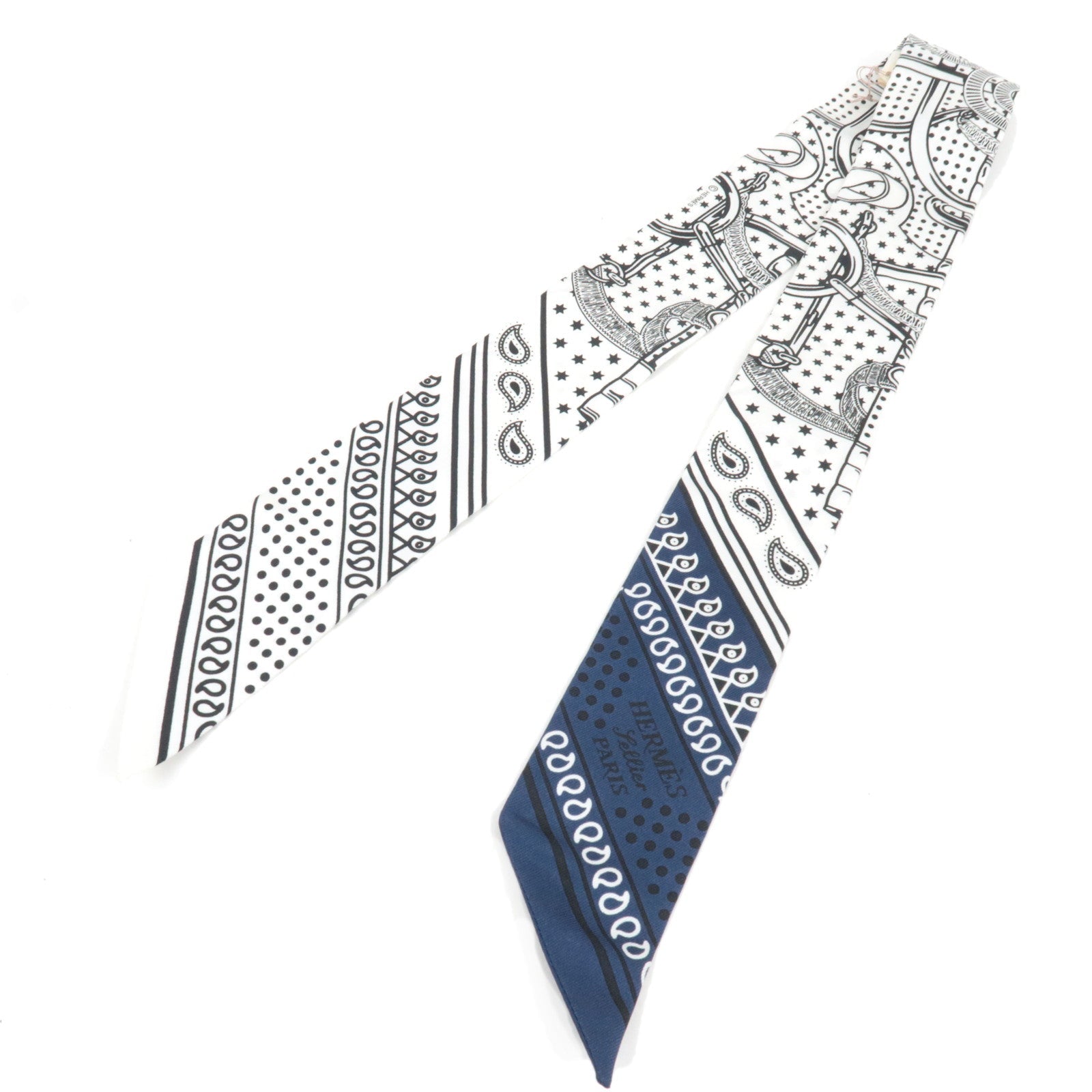 HERMES Twilly Scarf EPERON D'OR CUT 100% Silk White Black Navy *Box82614