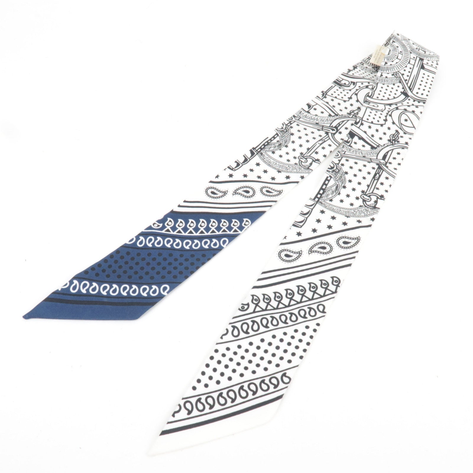 HERMES Twilly Scarf EPERON D'OR CUT 100% Silk White Black Navy *Box