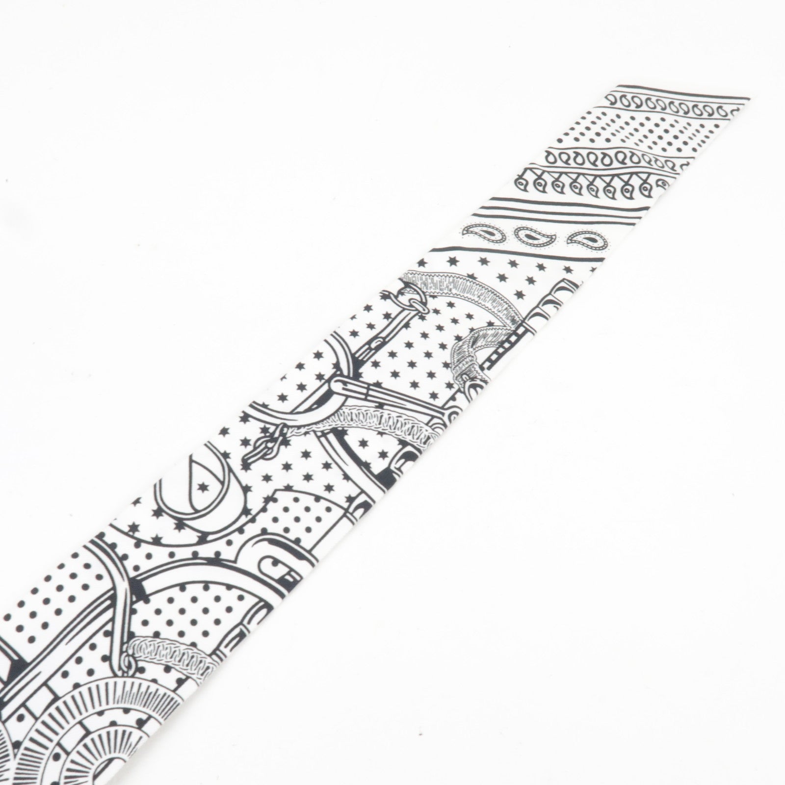 HERMES Twilly Scarf EPERON D'OR CUT 100% Silk White Black Navy *Box