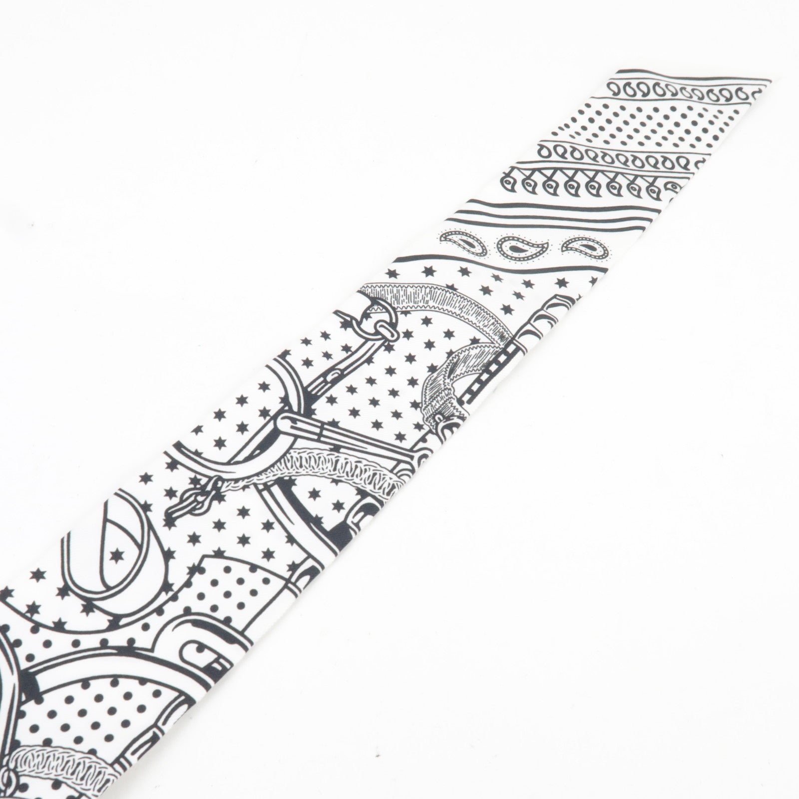 HERMES Twilly Scarf EPERON D'OR CUT 100% Silk White Black Navy *Box