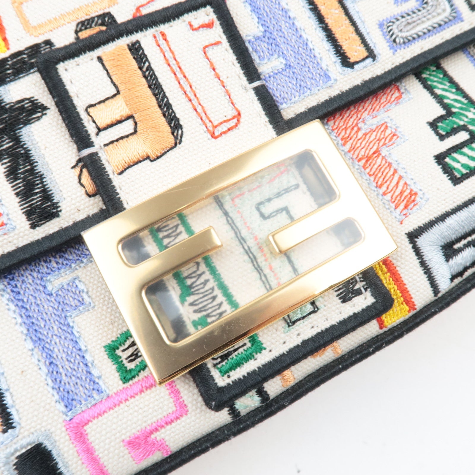 FENDI Zucca Mamma Baguette Embroidery Handbag Canvas Leather Multicolor 8BR600 *Dust bag, Strap