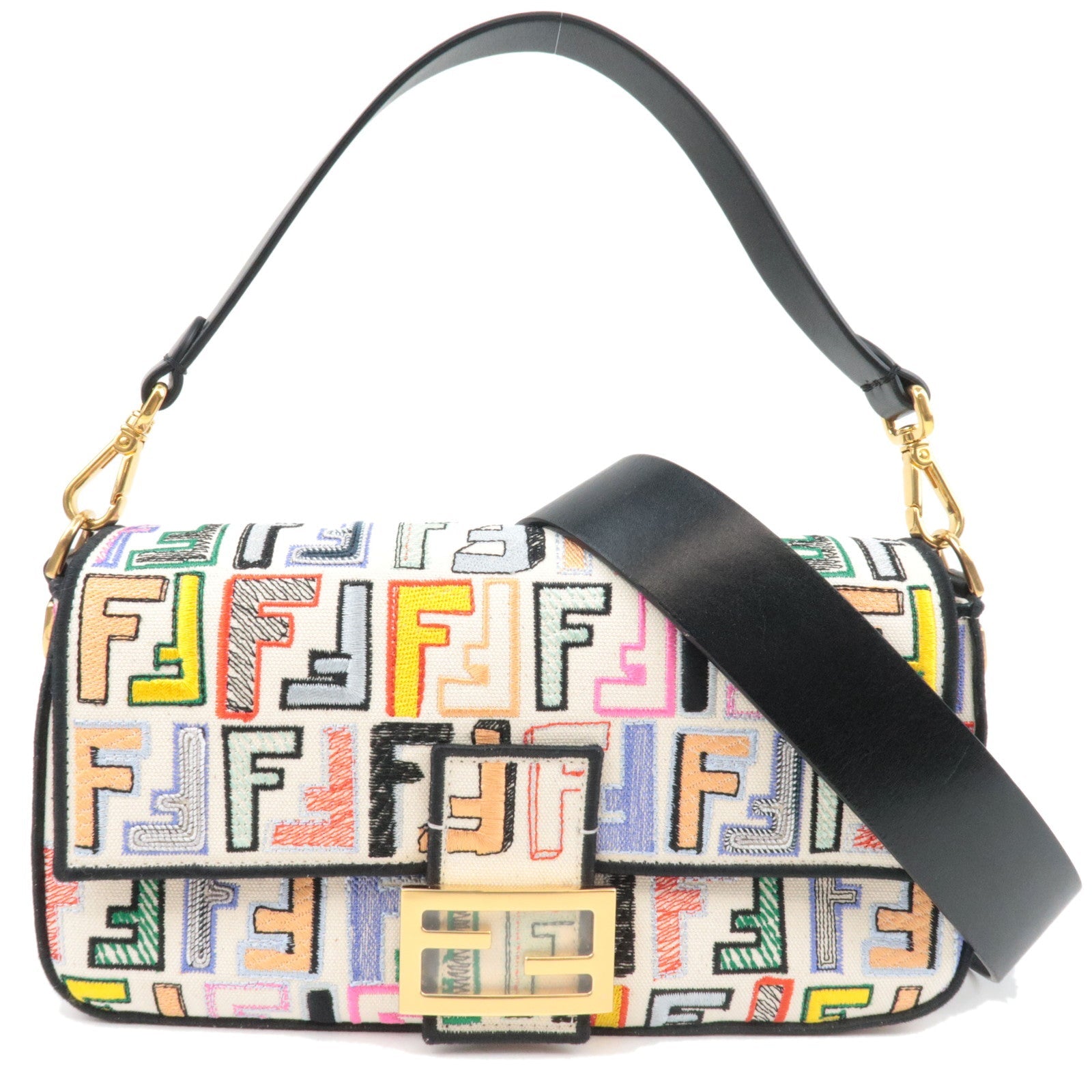 FENDI Zucca Mamma Baguette Embroidery Handbag Canvas Leather Multicolor 8BR600 *Dust bag, Strap82631