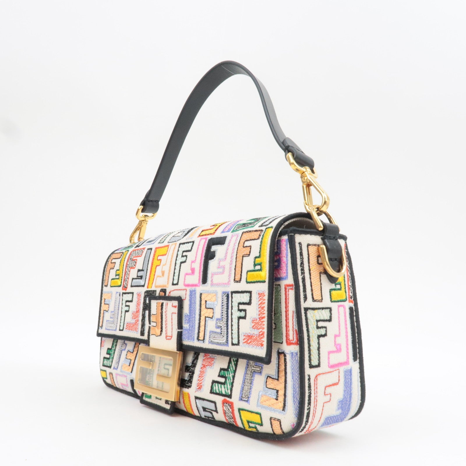 FENDI Zucca Mamma Baguette Embroidery Handbag Canvas Leather Multicolor 8BR600 *Dust bag, Strap