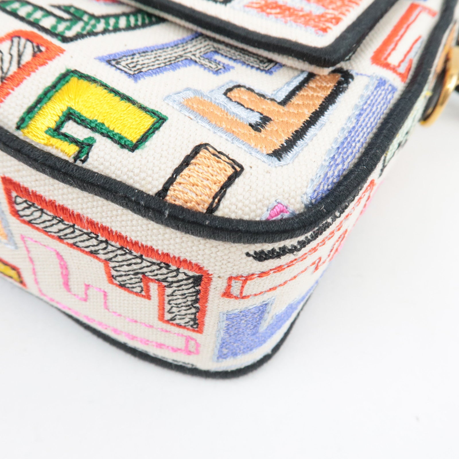 FENDI Zucca Mamma Baguette Embroidery Handbag Canvas Leather Multicolor 8BR600 *Dust bag, Strap