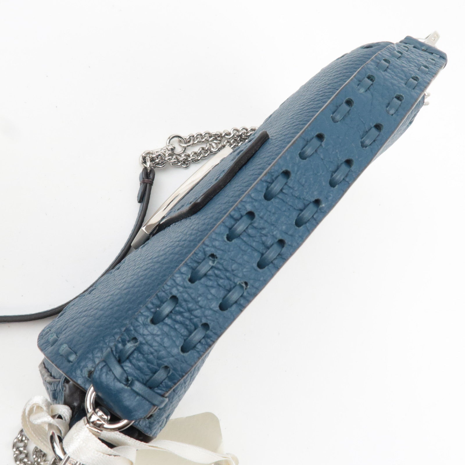 FENDI Selleria Mini Baguette 2Way Bag Leather Blue 8BS017 *Dust bag, Strap